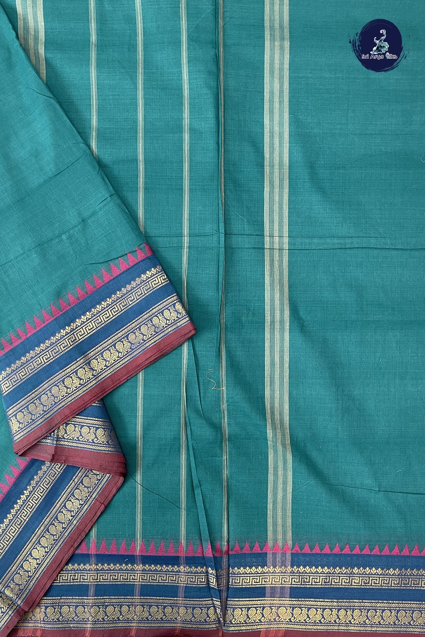 Teal Blue 10 Yards Madisar Cotton Saree With Plain Pattern