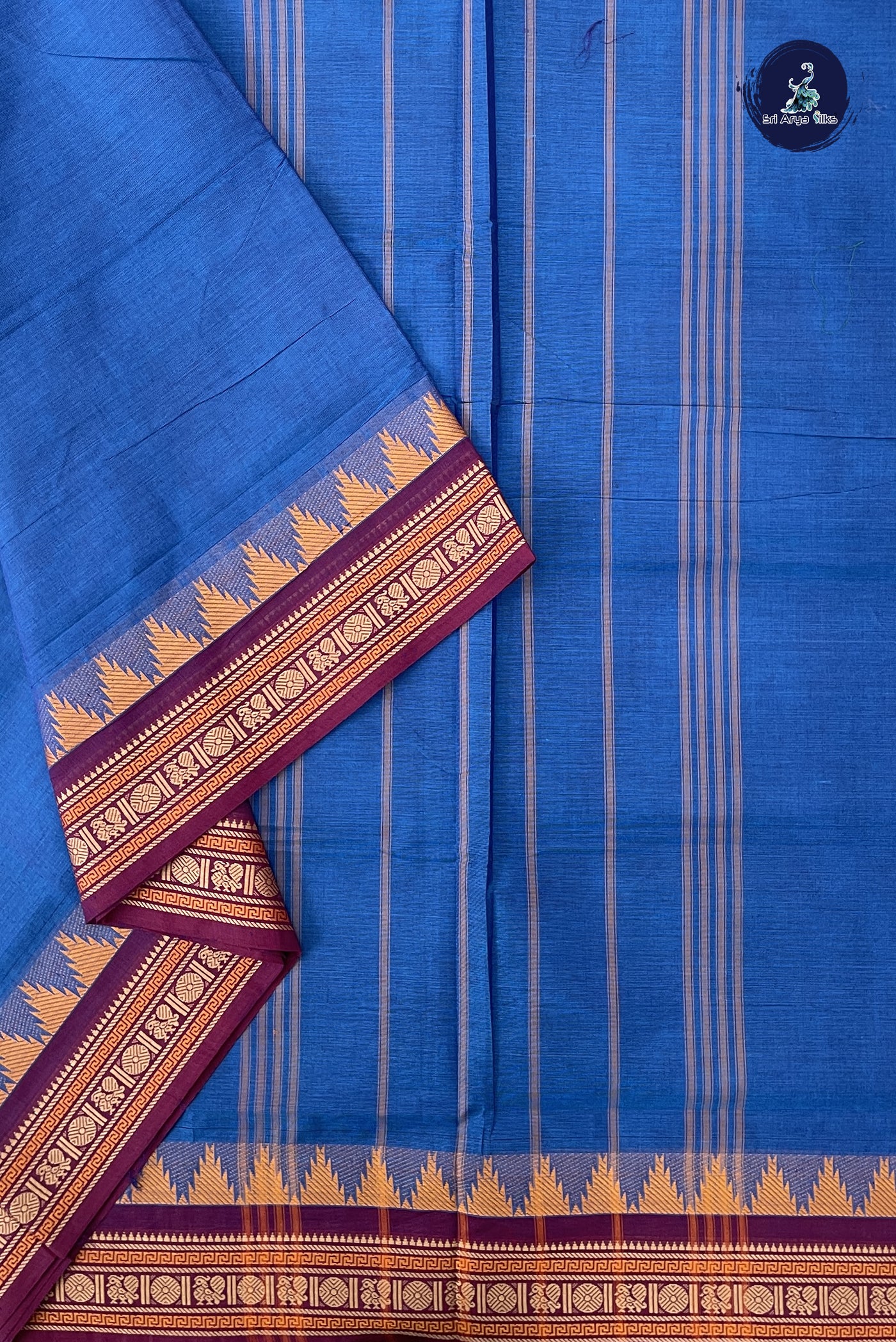 Blue 10 Yards Madisar Cotton Saree With Plain Pattern