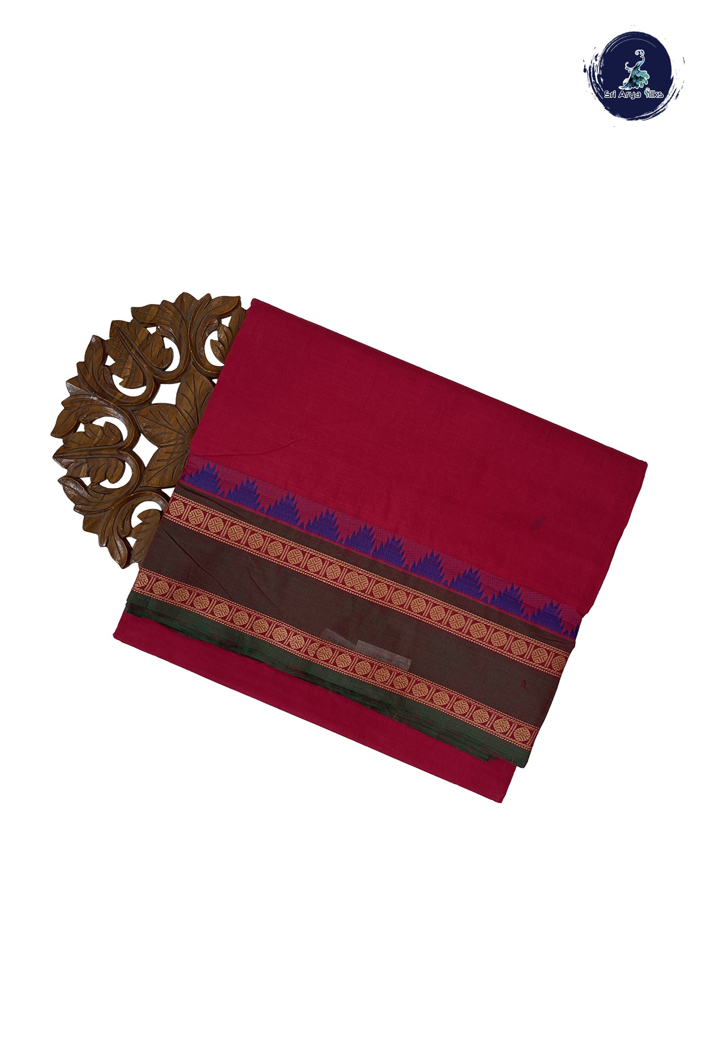 Red 10 Yards Madisar Cotton Saree With Plain Pattern