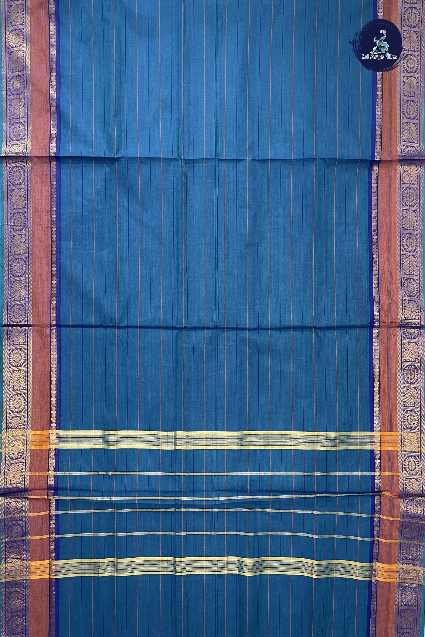 Blue 10 Yards Madisar Cotton Saree With Stripes Pattern