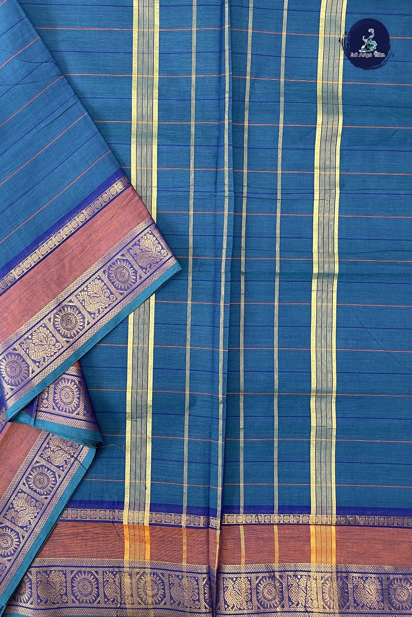Blue 10 Yards Madisar Cotton Saree With Stripes Pattern
