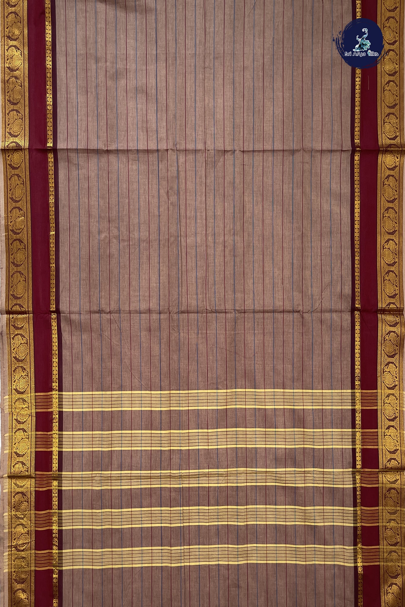 Light Brown 10 Yards Madisar Cotton Saree With Stripes Pattern