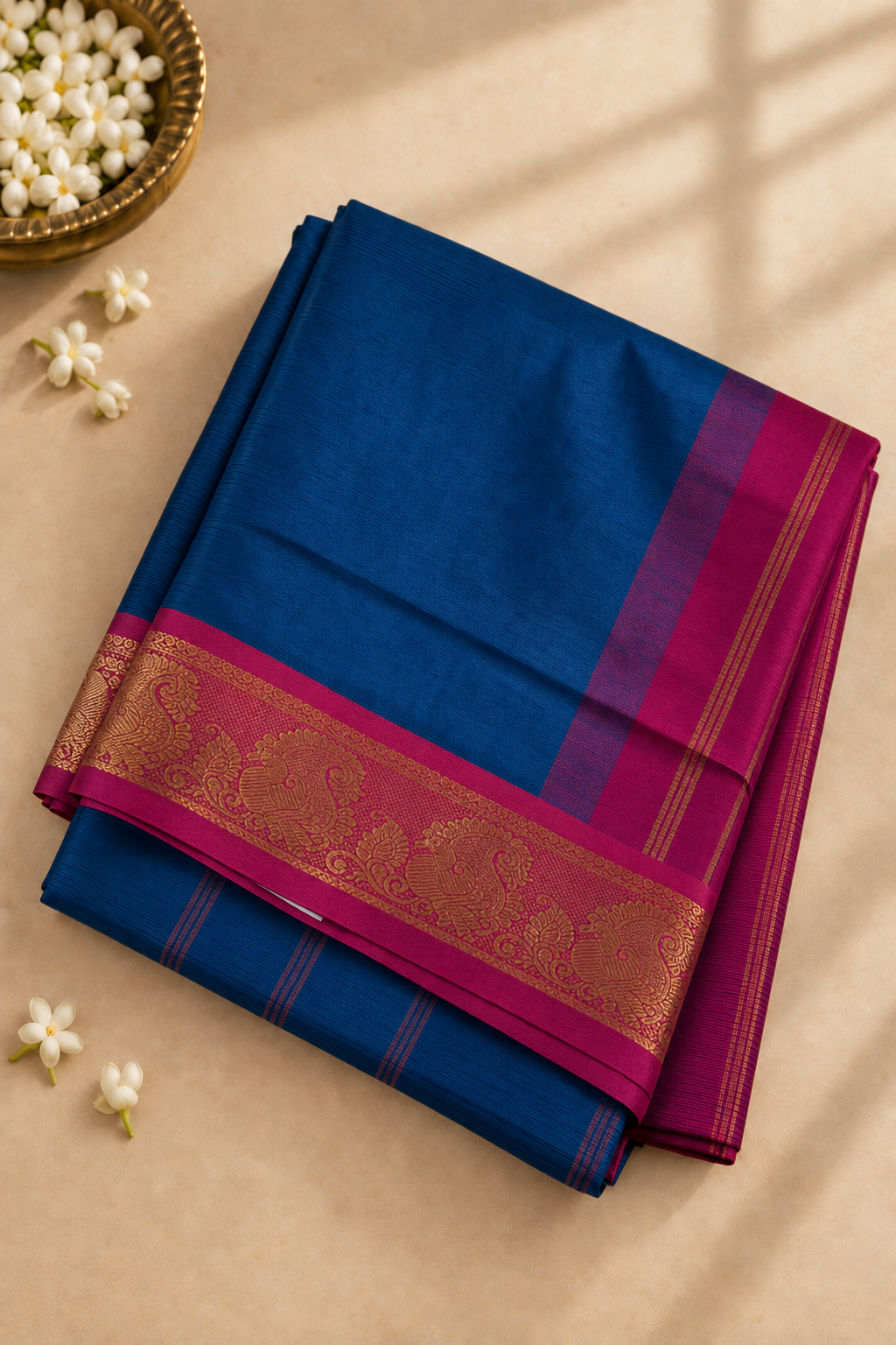 Sapphire Blue Madisar Half pure Silk Cotton Saree With Plain Pattern