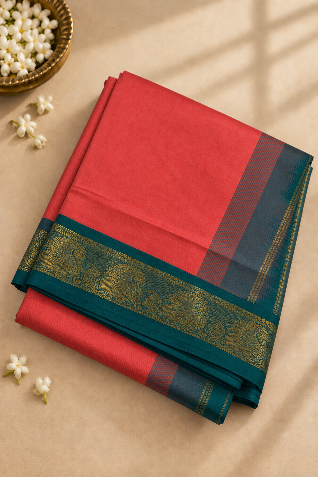 Peach Madisar Semi Silk Cotton Saree With Plain Pattern