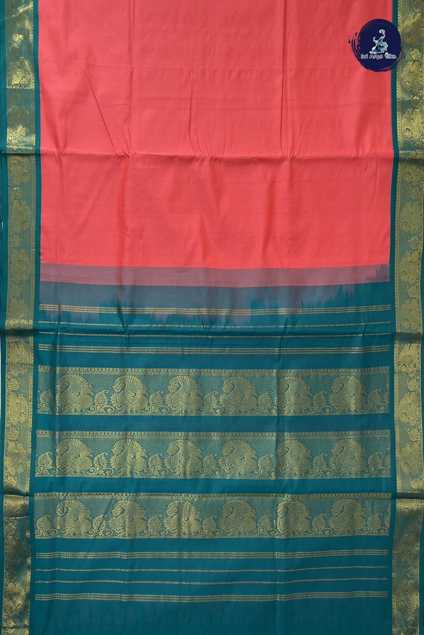 Peach Madisar Semi Silk Cotton Saree With Plain Pattern