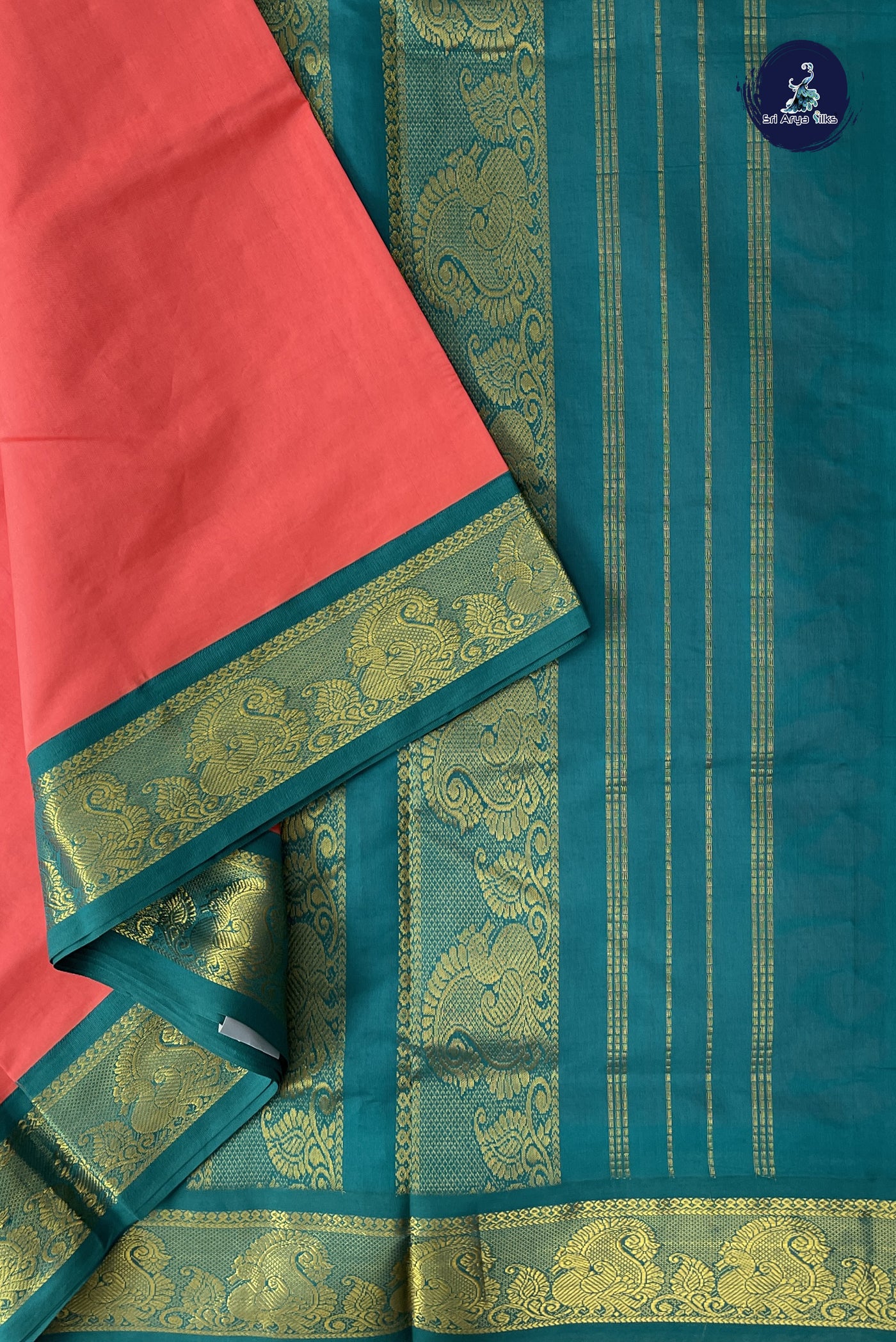 Peach Madisar Semi Silk Cotton Saree With Plain Pattern