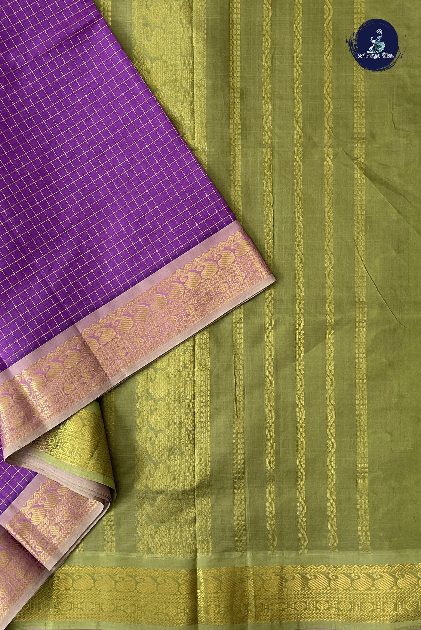 Lavender Madisar Semi Silk Cotton Saree With Zari Checked Pattern
