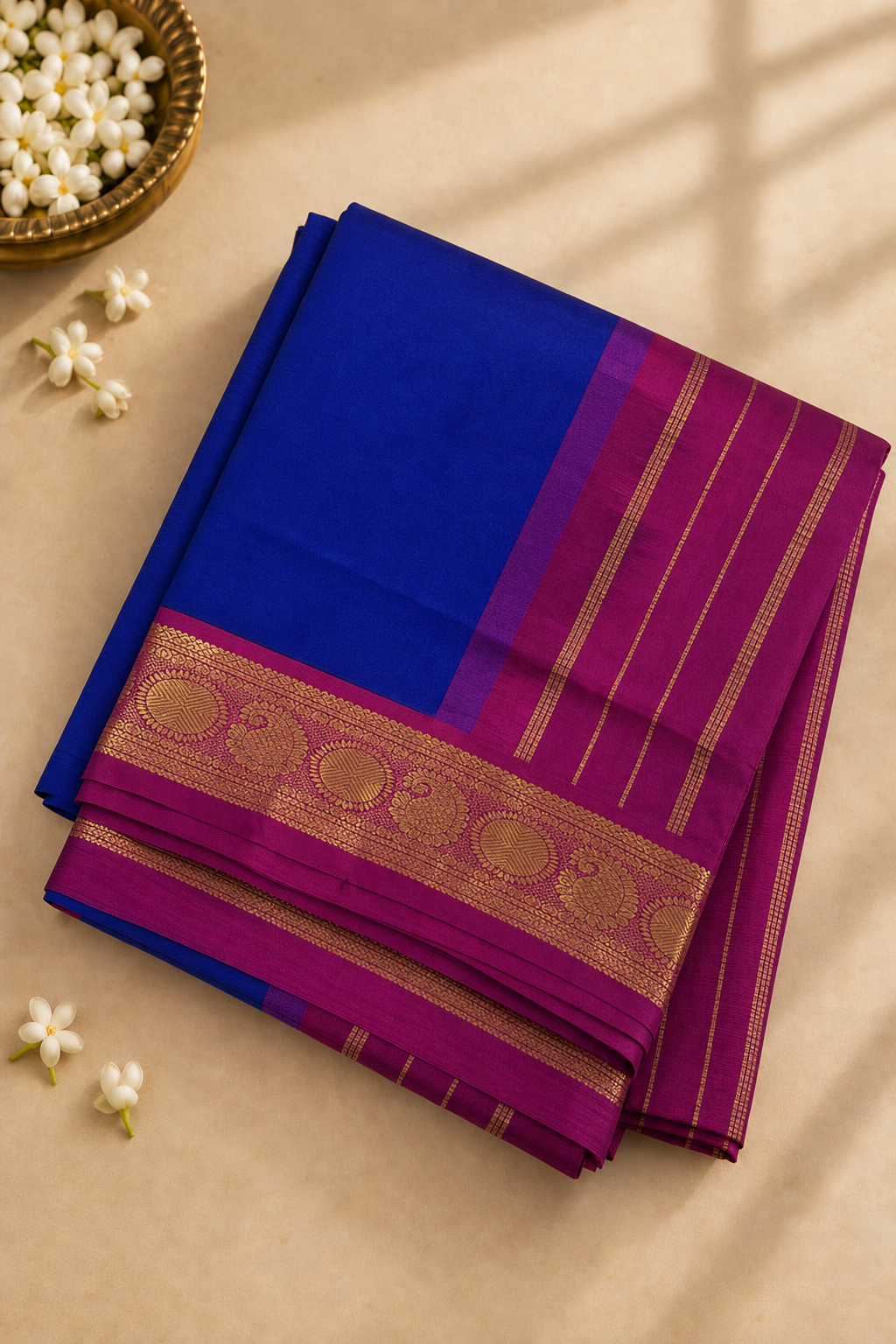 Dark Blue 11.5 Yards Madisar Saree With Plain Pattern