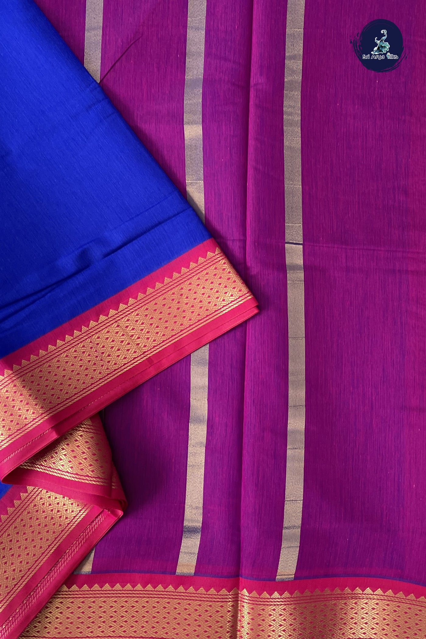 MS Blue Madisar Semi Silk Cotton Saree With Plain Pattern