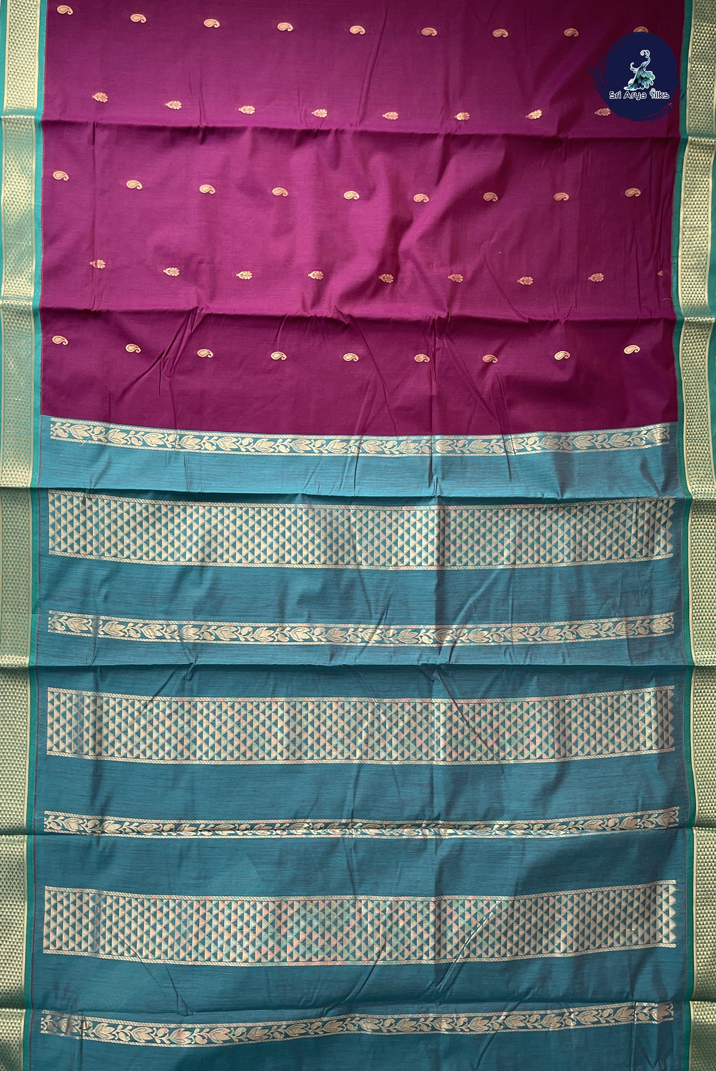 Dual Tone Wine Madisar Semi Silk Cotton Saree With Zari Buttas Pattern