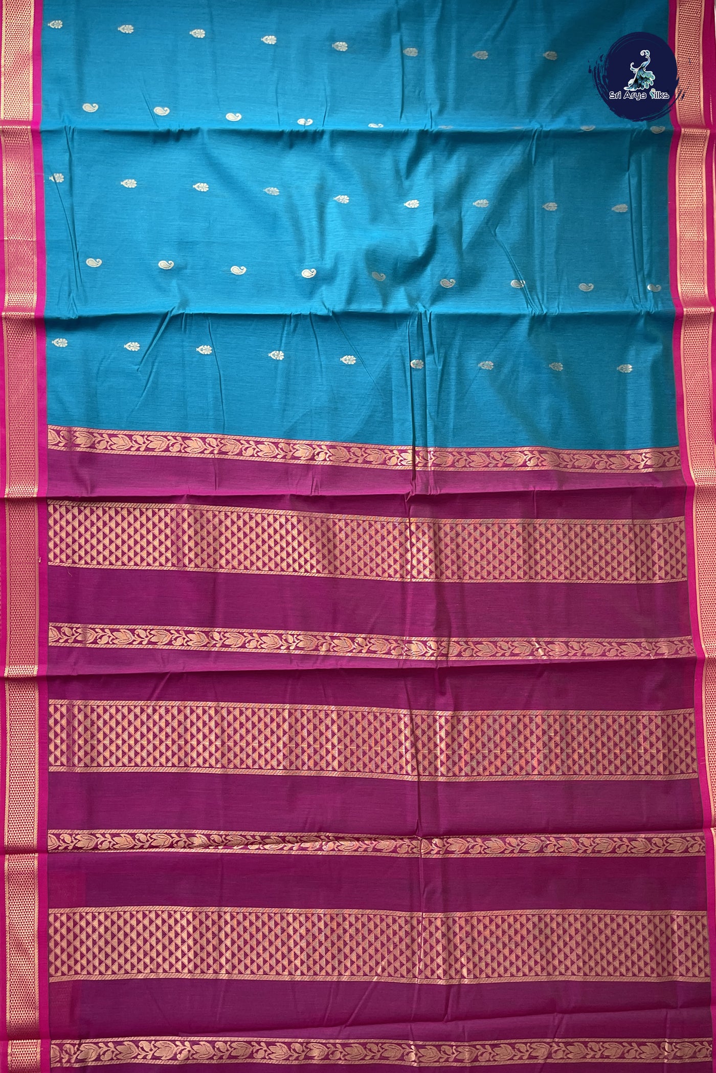 Sapphire Blue Madisar Semi Silk Cotton Saree With Zari Buttas Pattern
