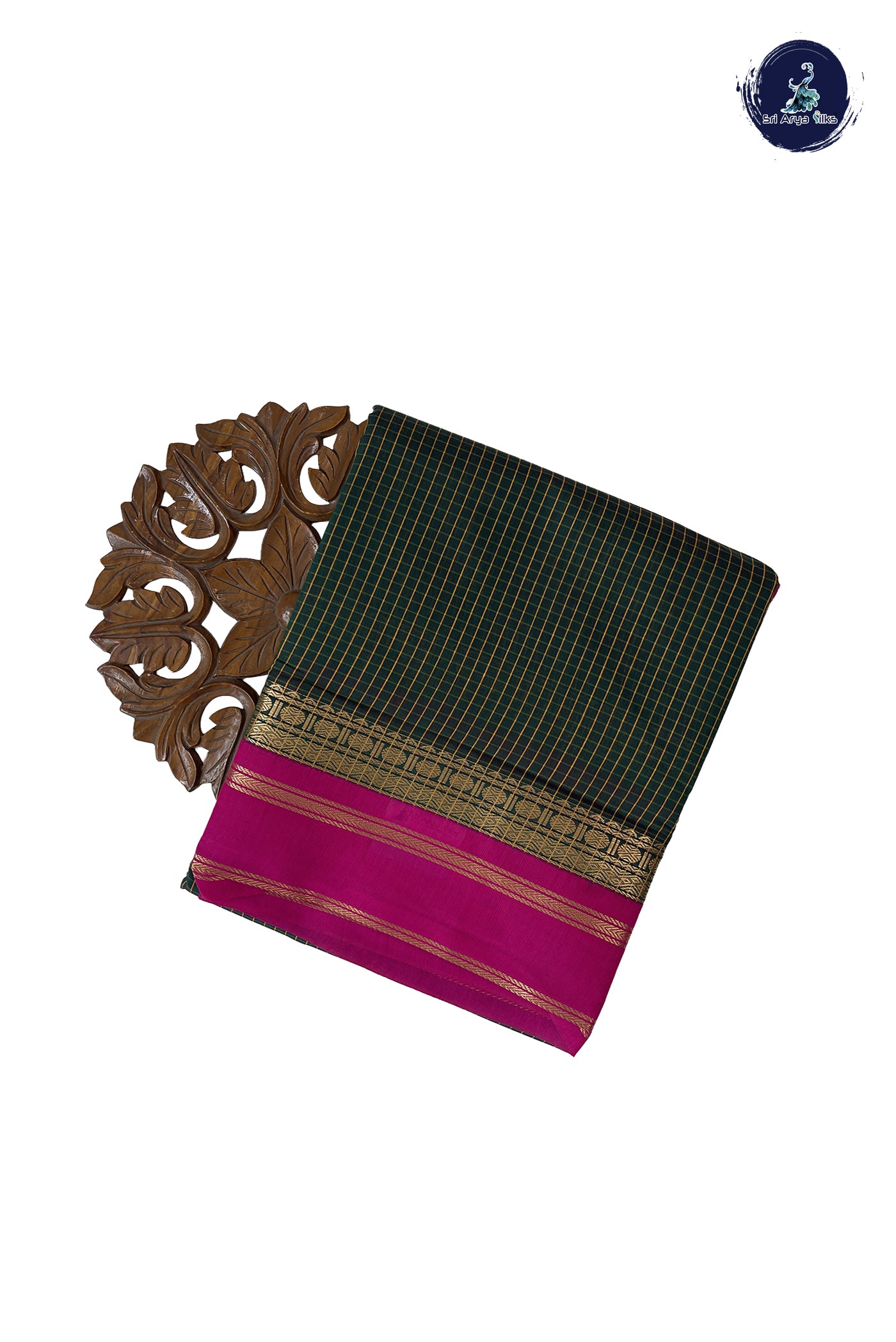 Dark Green Madisar Semi Silk Cotton Saree With Checked Pattern