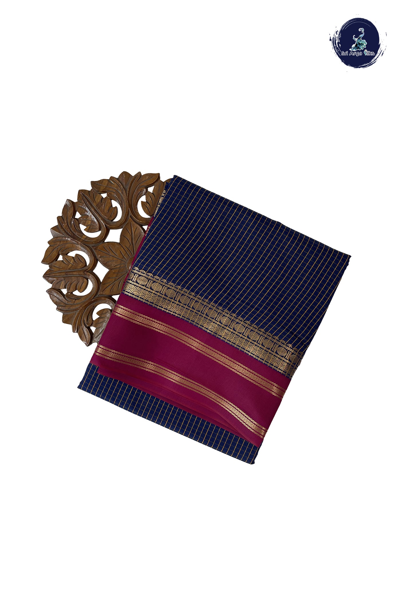 Navy Blue Madisar Semi Silk Cotton Saree With Checked Pattern