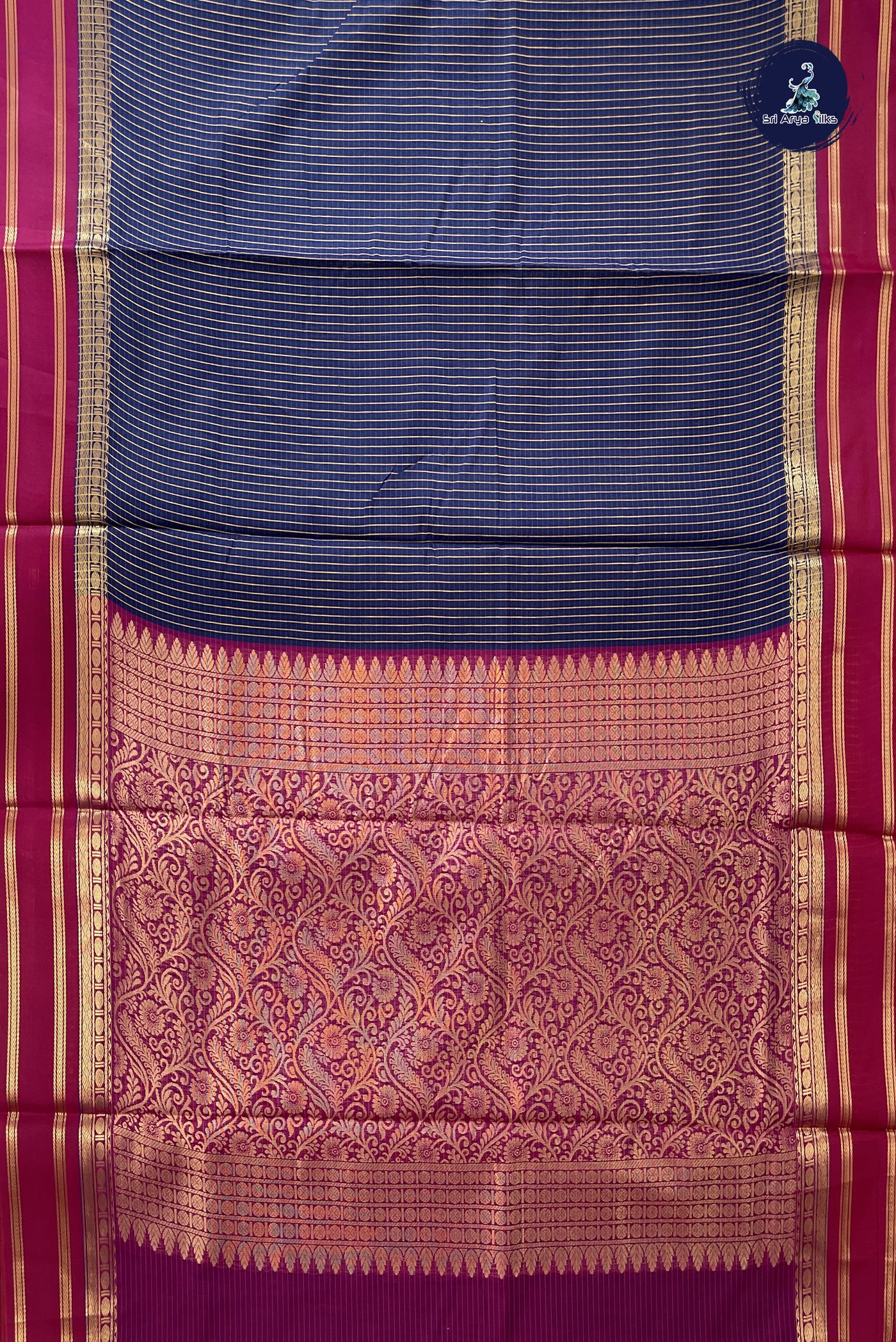 Navy Blue Madisar Semi Silk Cotton Saree With Checked Pattern