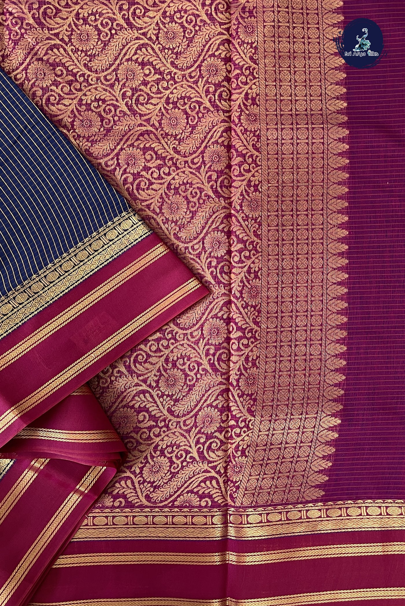 Navy Blue Madisar Semi Silk Cotton Saree With Checked Pattern