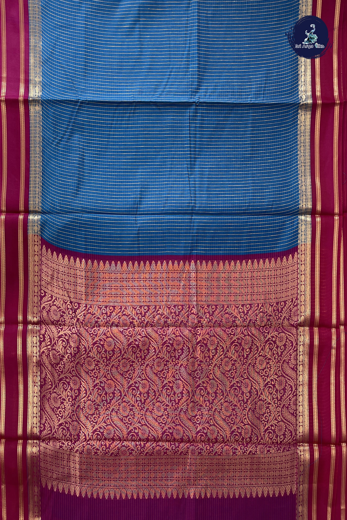 Sapphire Blue Madisar Semi Silk Cotton Saree With Checked Pattern