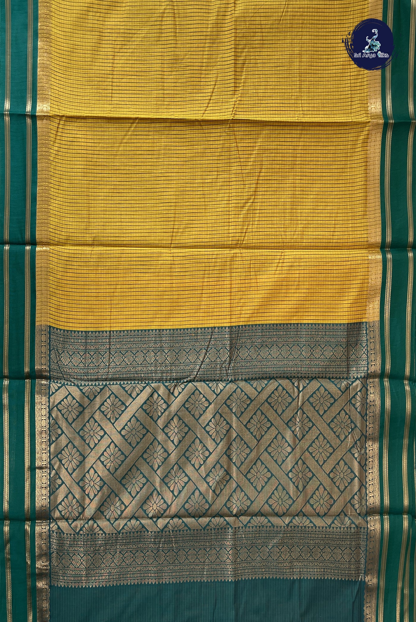 Yellow Madisar Semi Silk Cotton Saree With Checked Pattern