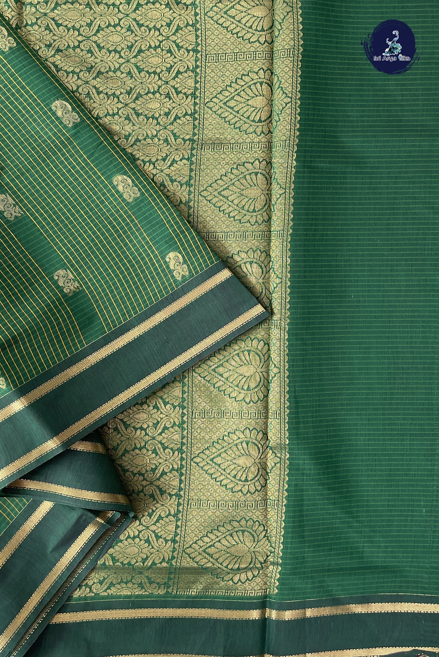 Dark Green Madisar Semi Silk Cotton Saree With Checked Pattern