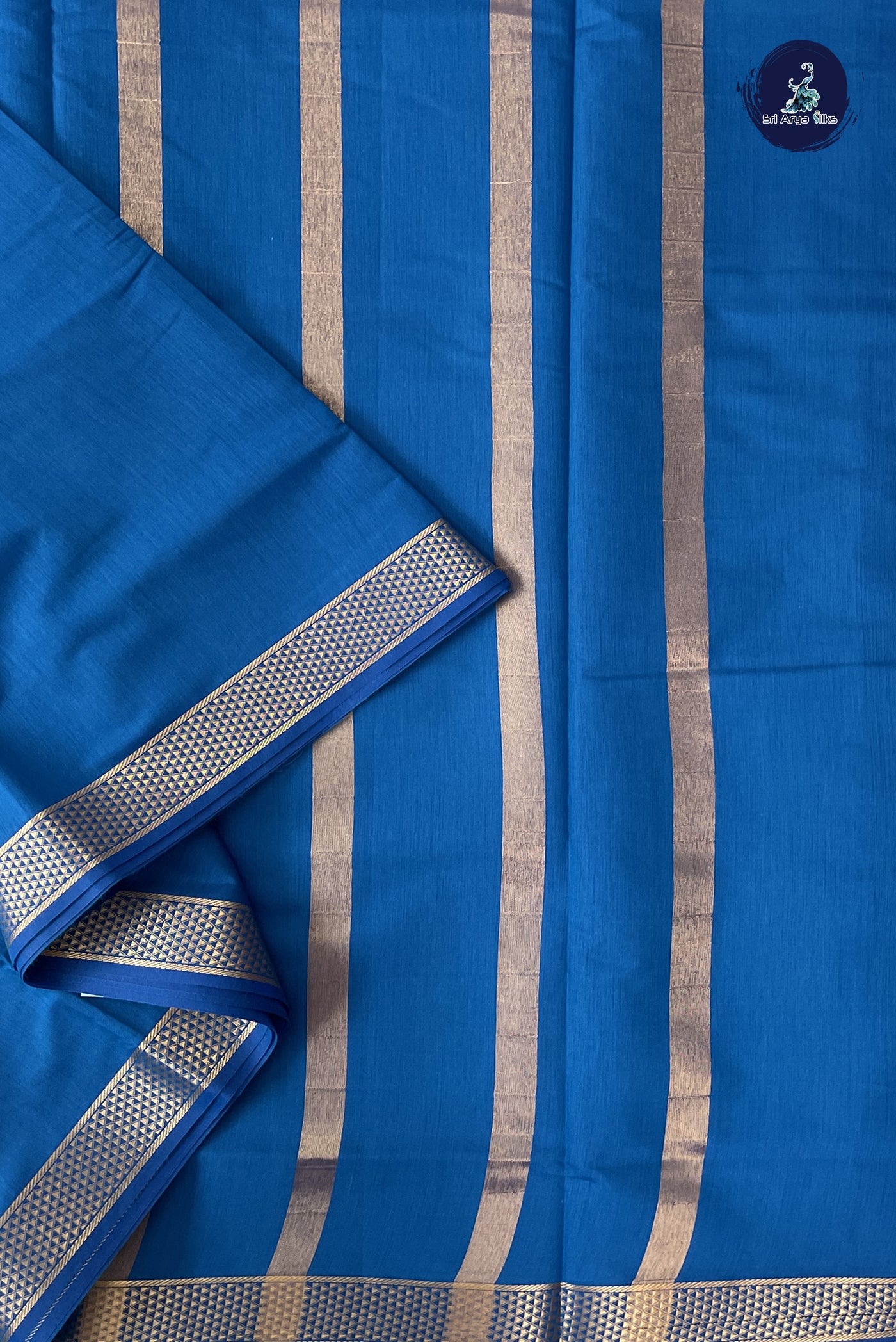 Sapphire Blue Madisar Semi Silk Cotton Saree With Plain Pattern