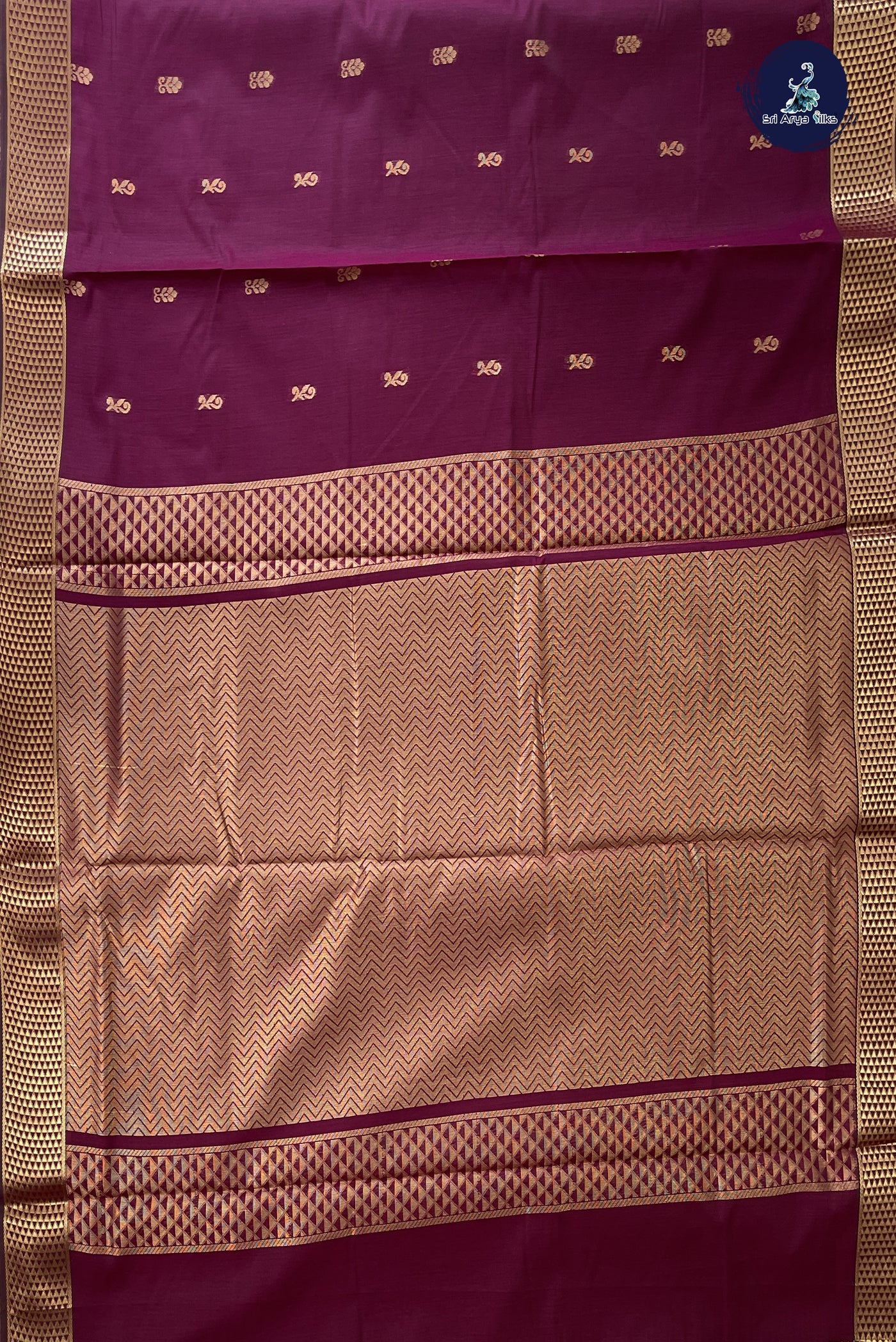 Dual Tone Wine Madisar Semi Silk Cotton Saree With Zari Buttas Pattern