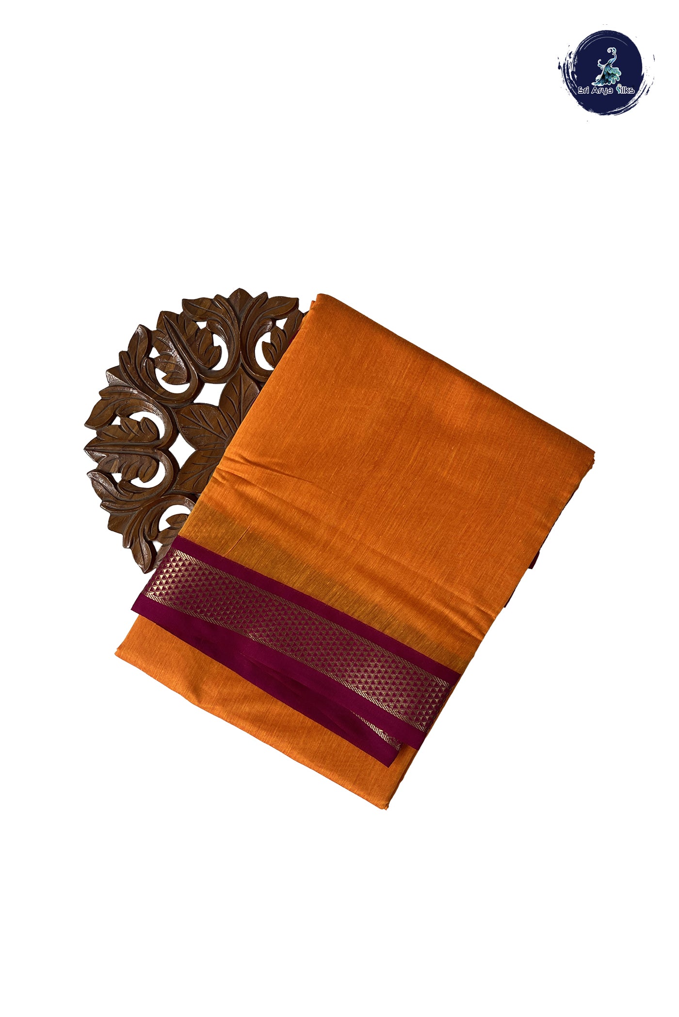 Yellowish Orange Madisar Semi Silk Cotton Saree With Plain Pattern