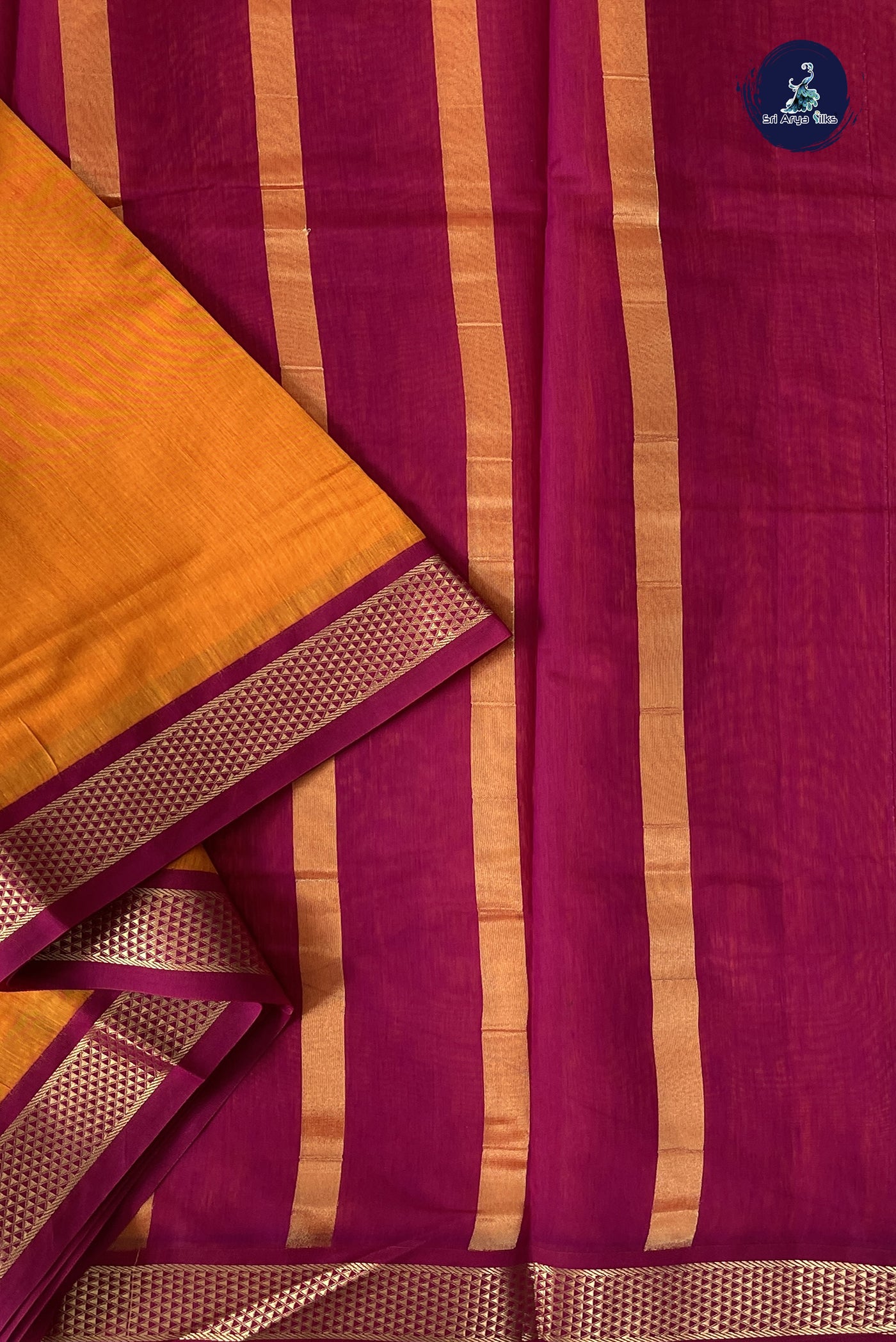 Yellowish Orange Madisar Semi Silk Cotton Saree With Plain Pattern