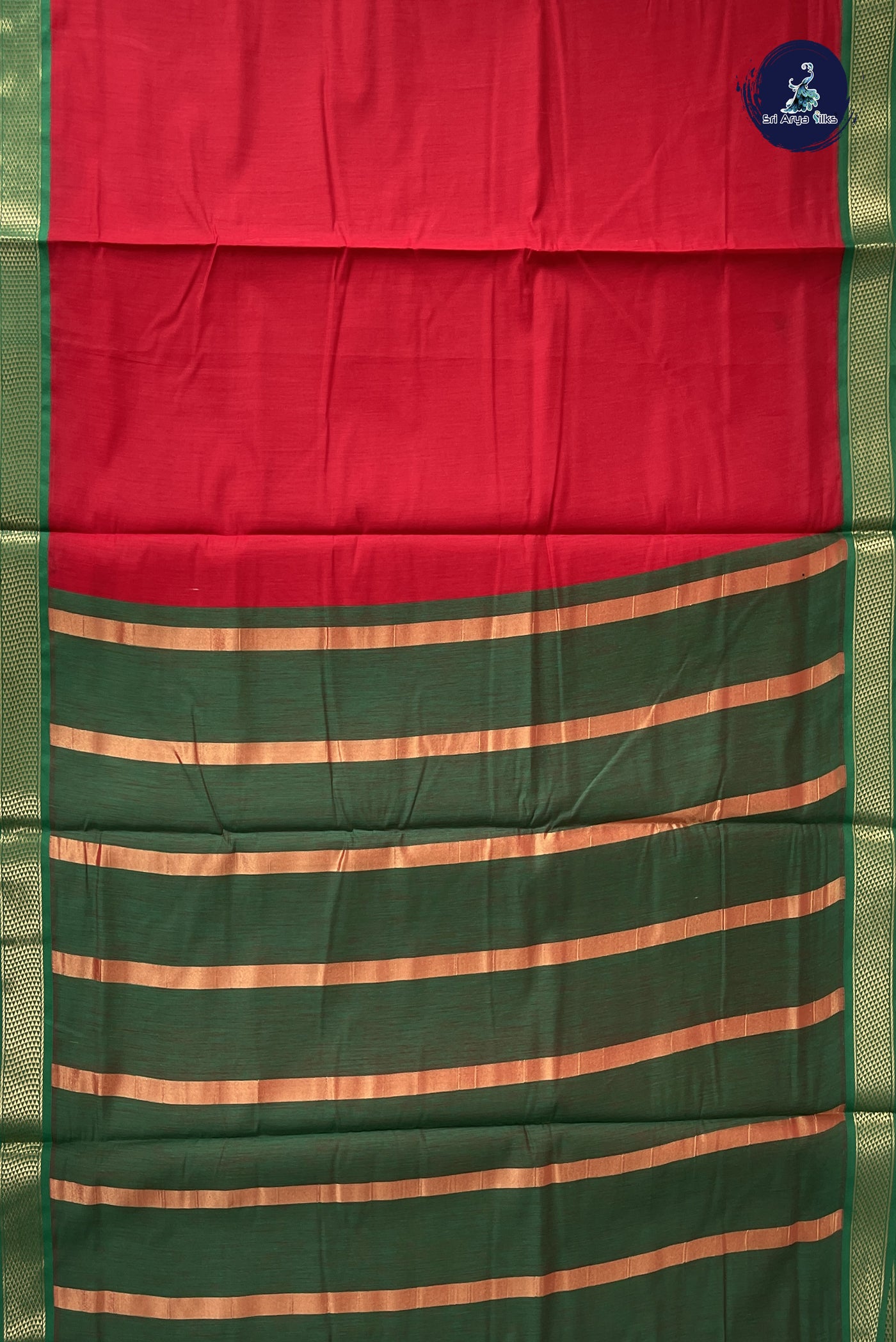 Red Madisar Semi Silk Cotton Saree With Plain Pattern