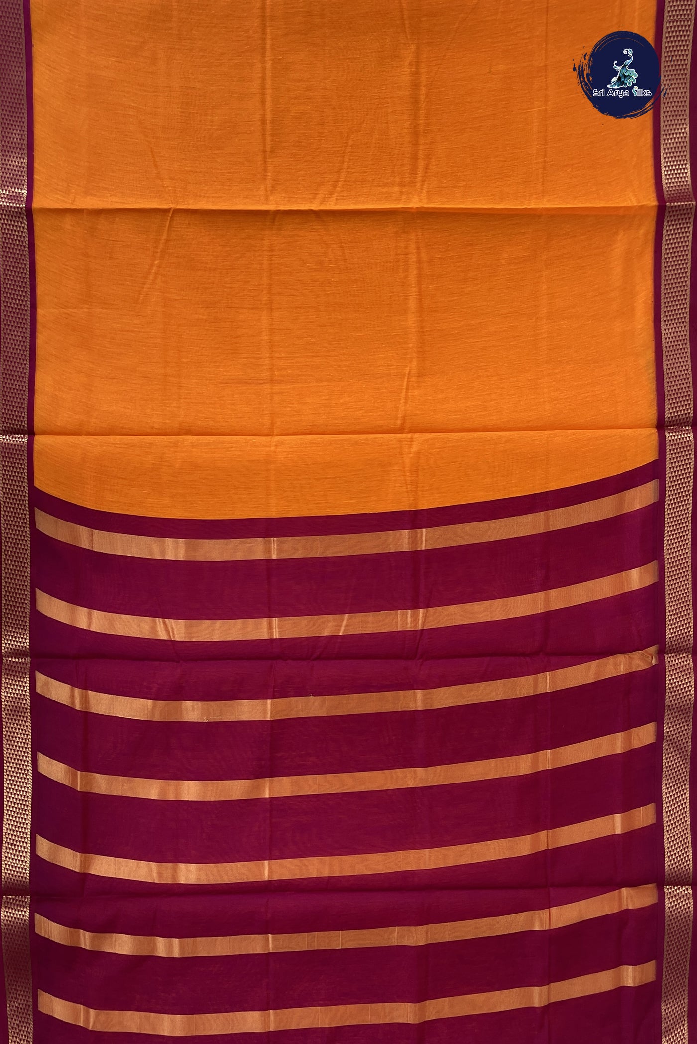Yellowish Orange Madisar Semi Silk Cotton Saree With Plain Pattern