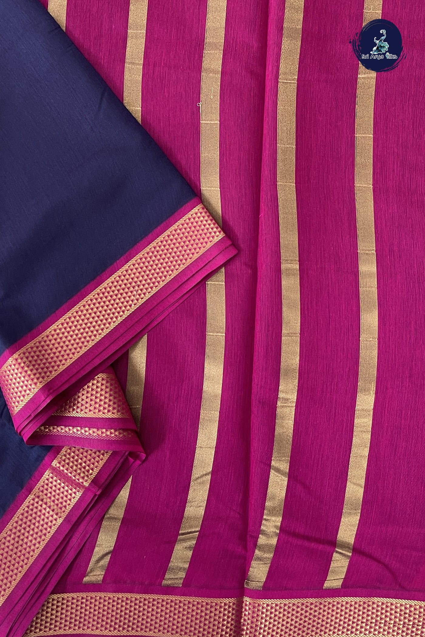 Navy Blue Madisar Semi Silk Cotton Saree With Plain Pattern