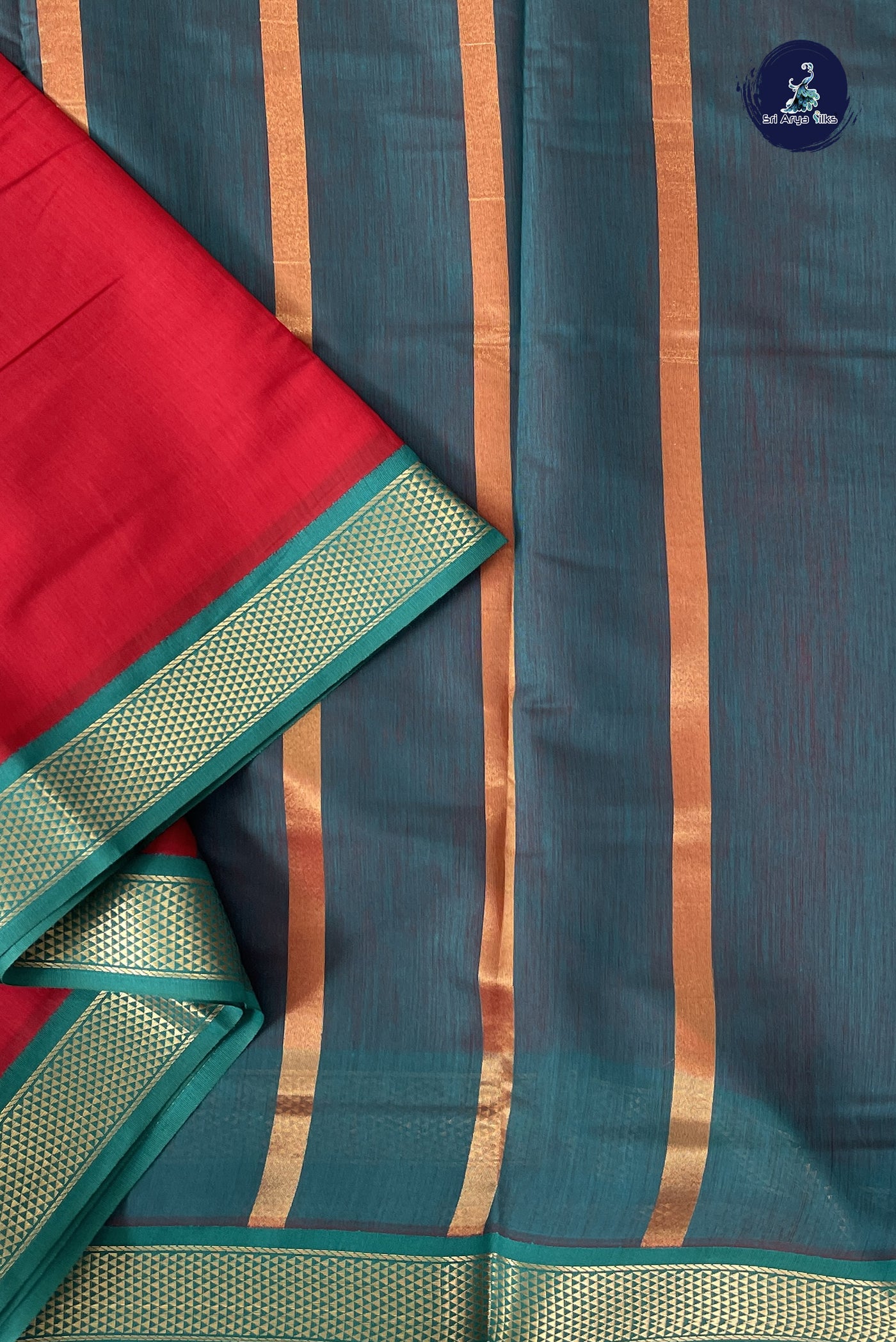 Red Madisar Semi Silk Cotton Saree With Plain Pattern