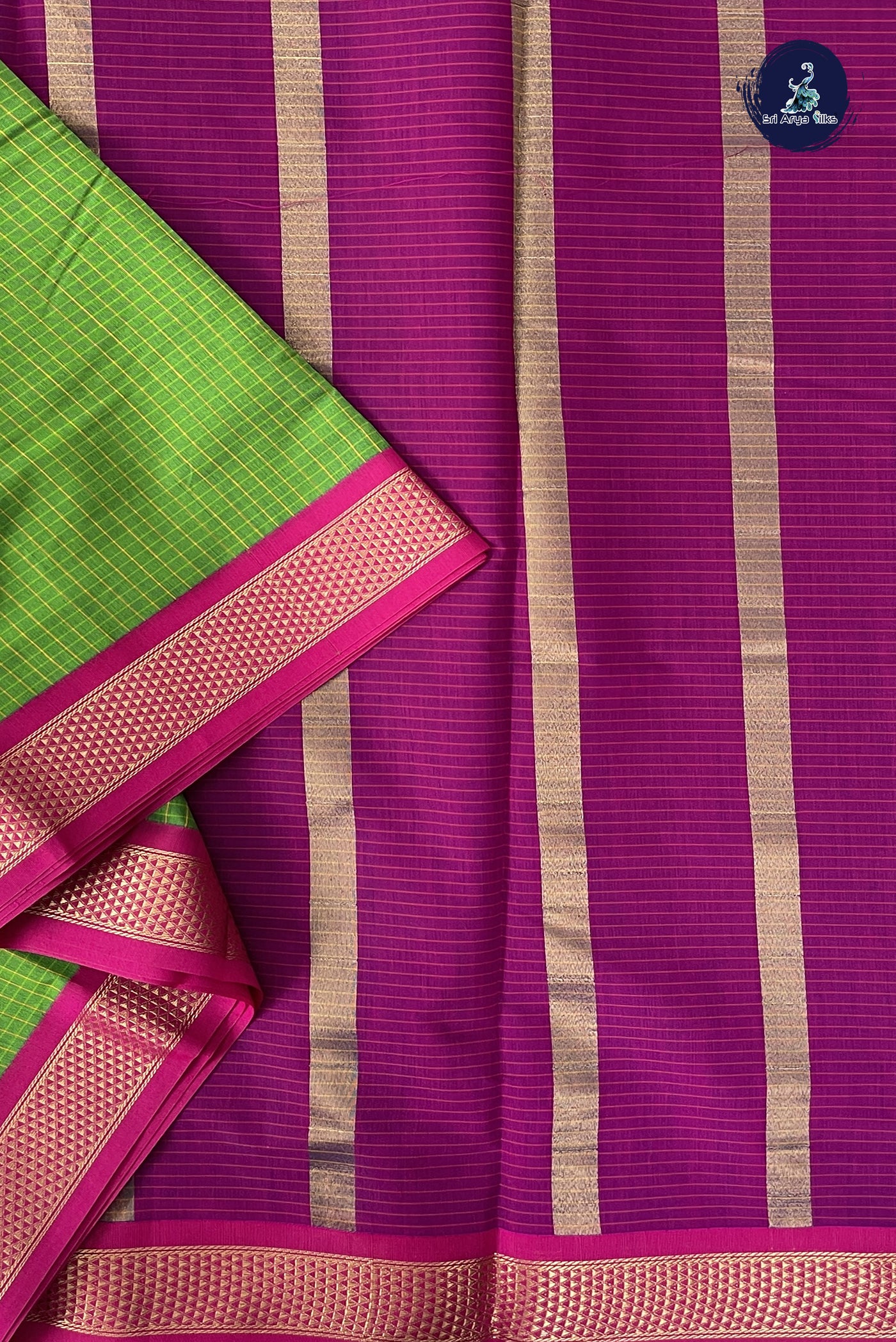 Light Green Madisar Semi Silk Cotton Saree With Checked Pattern