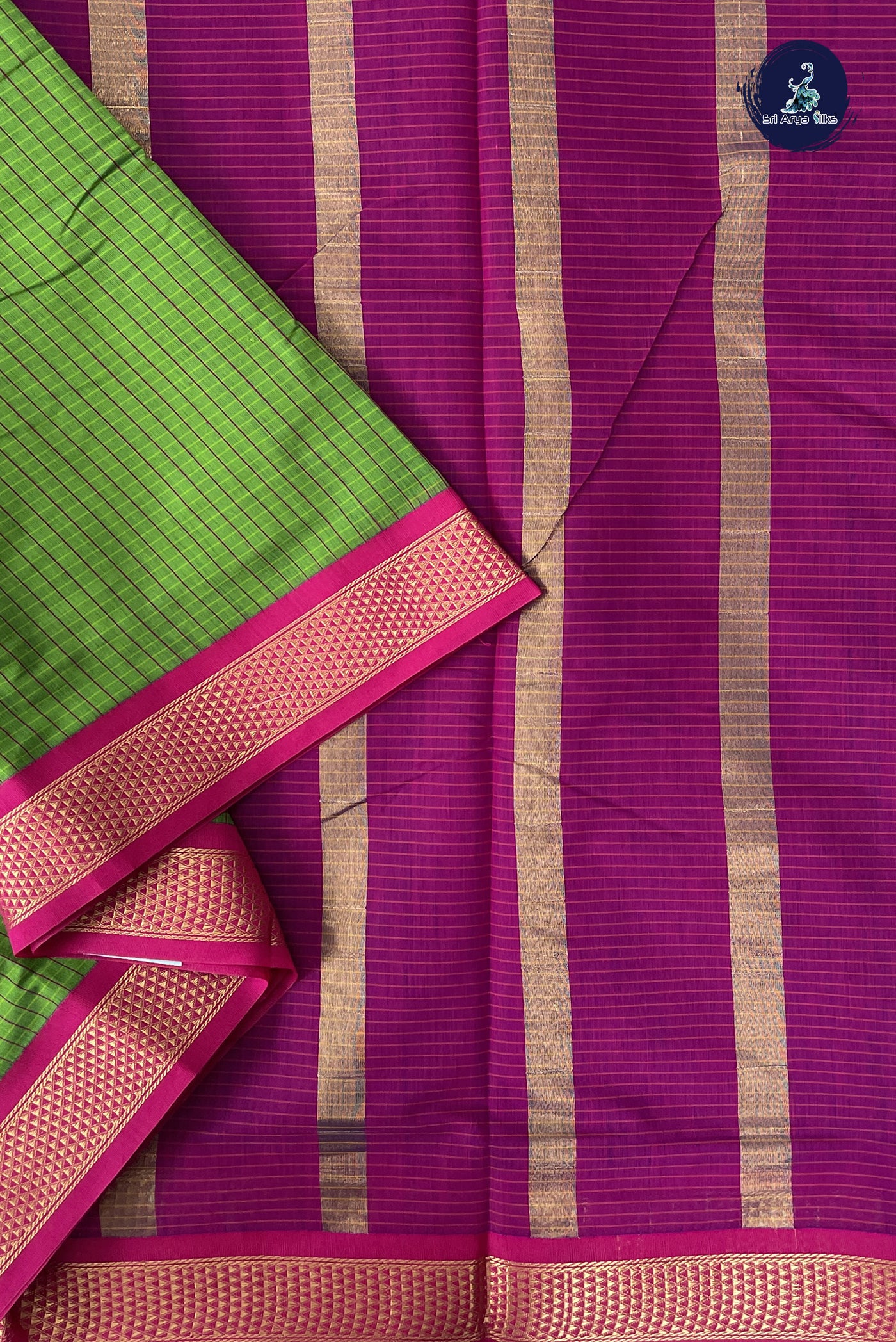 Light Green Madisar Semi Silk Cotton Saree With Checked Pattern