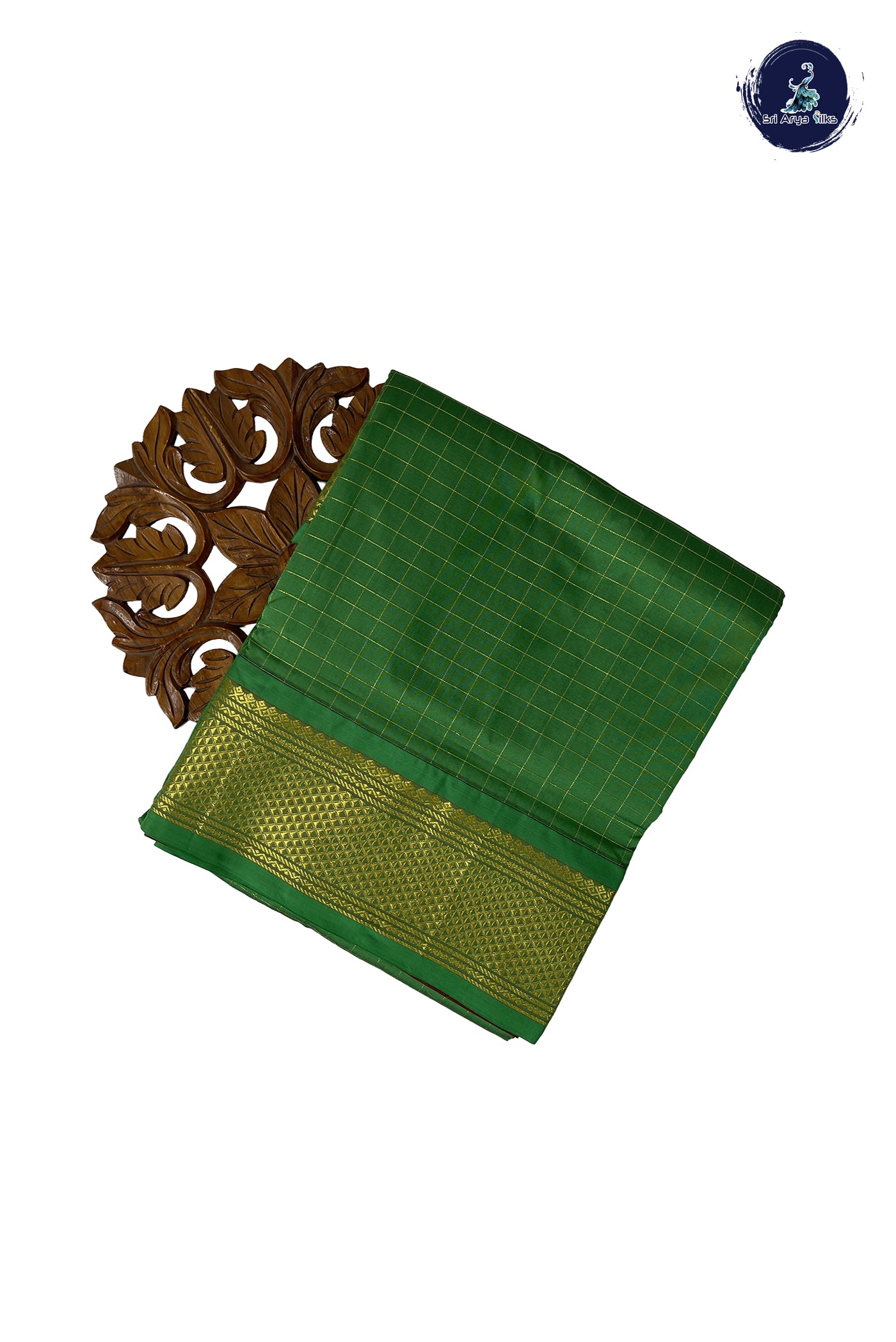 Green 10 Yards Semi Silk With Zari Checked Pattern