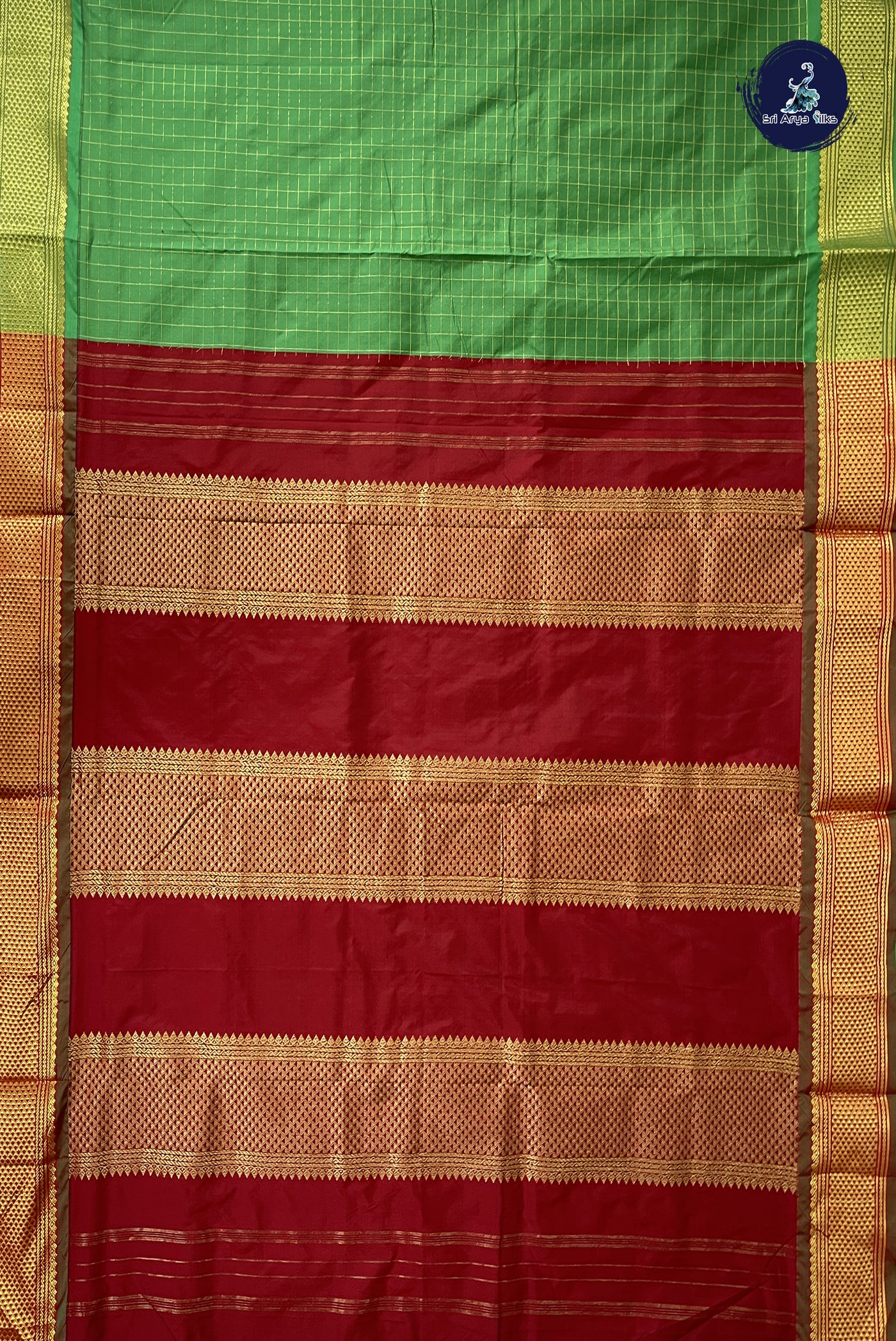 Green 10 Yards Semi Silk With Zari Checked Pattern