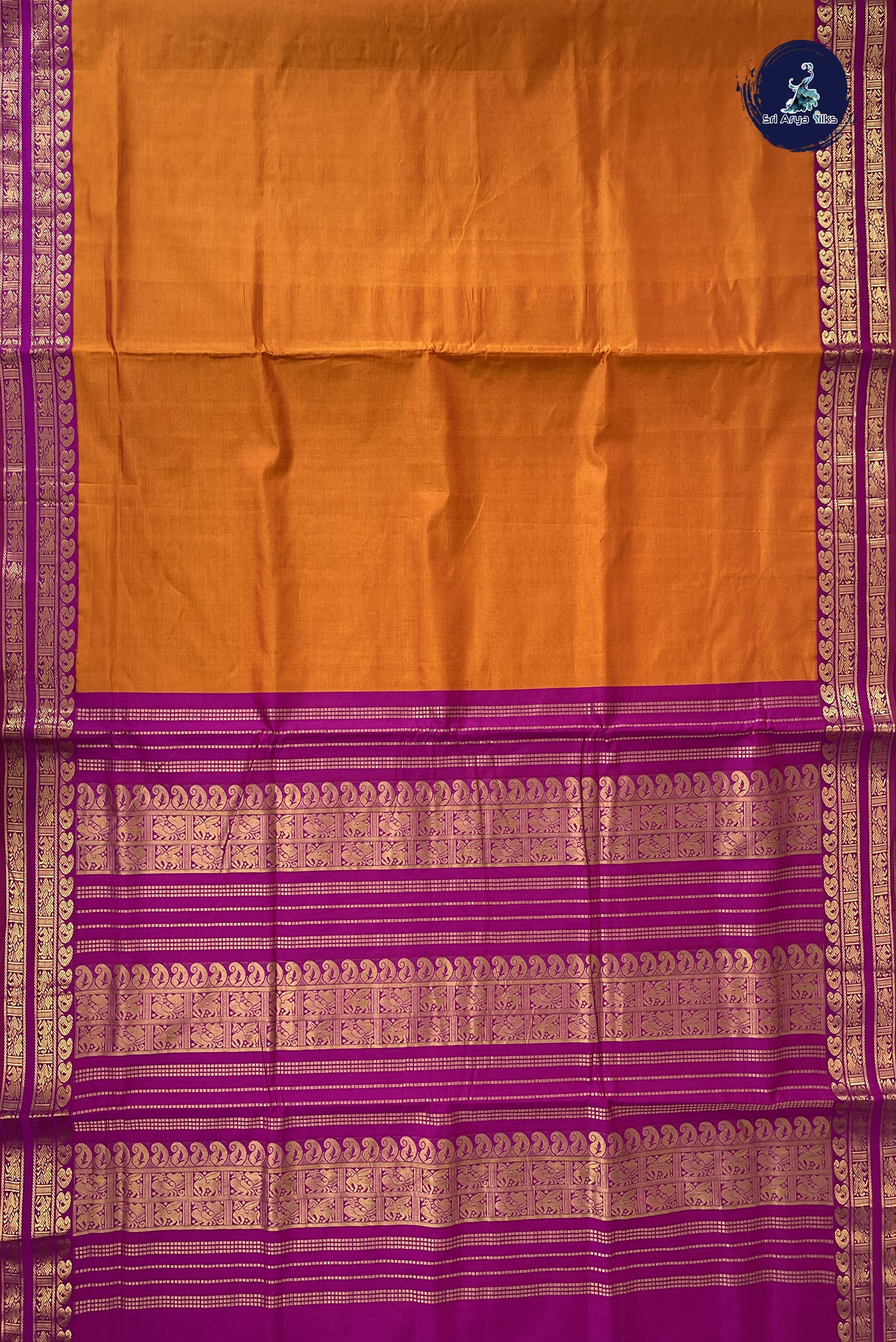 Lite Mustard Orange Madisar Semi Silk Cotton Saree With Plain Pattern