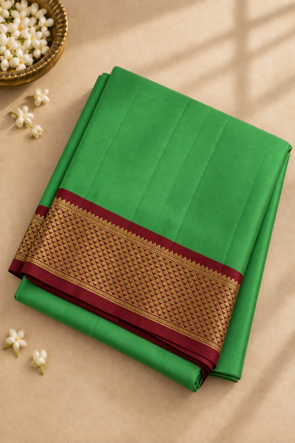 Green Madisar 10 Yards Silk Saree With Plain Pattern