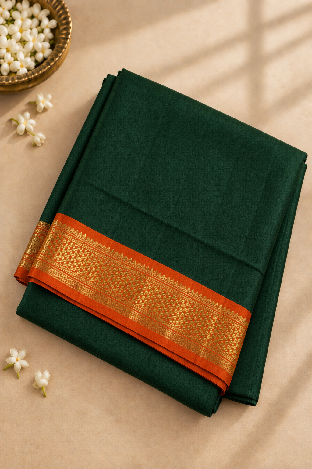 Dark Green Madisar 10 Yards Silk Saree With Plain Pattern