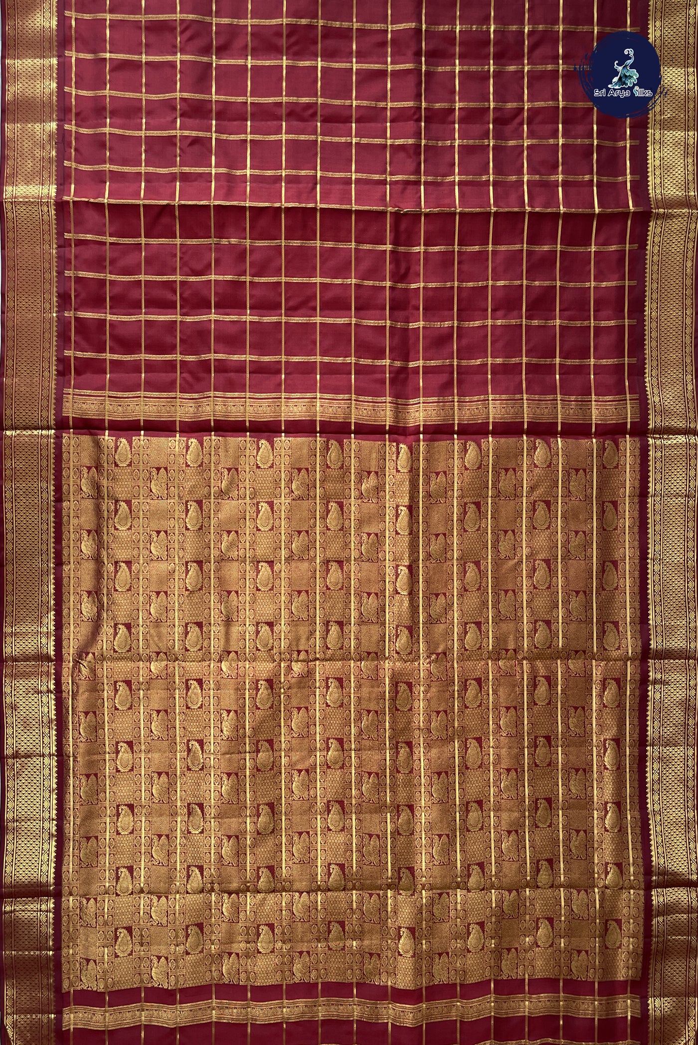 Maroon Madisar 10 Yards Silk Saree With Zari Checked Pattern