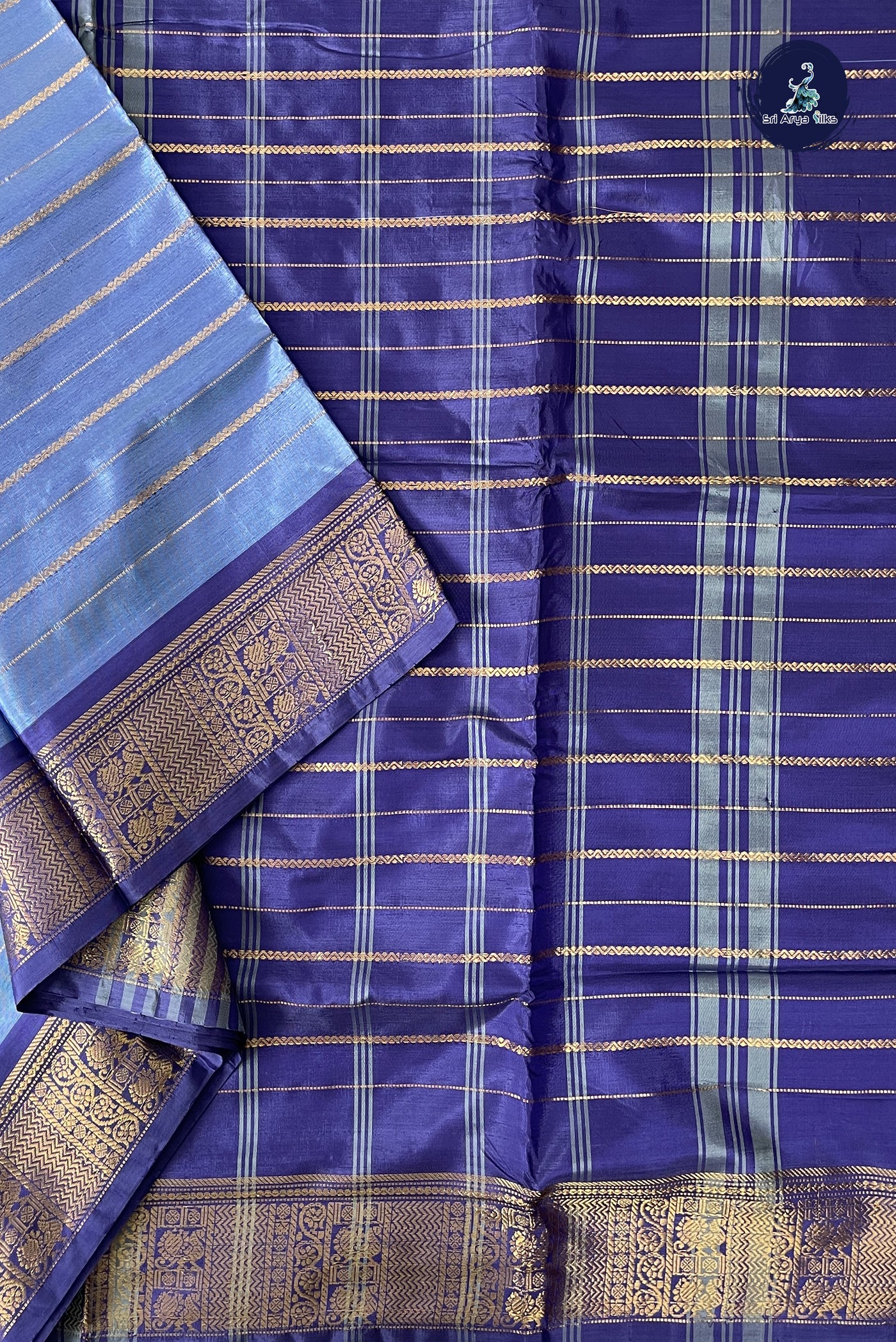 Dual Tone Blue Vaazhainaar Pattu Madisar Silk Saree With Veldhari Stripes Pattern