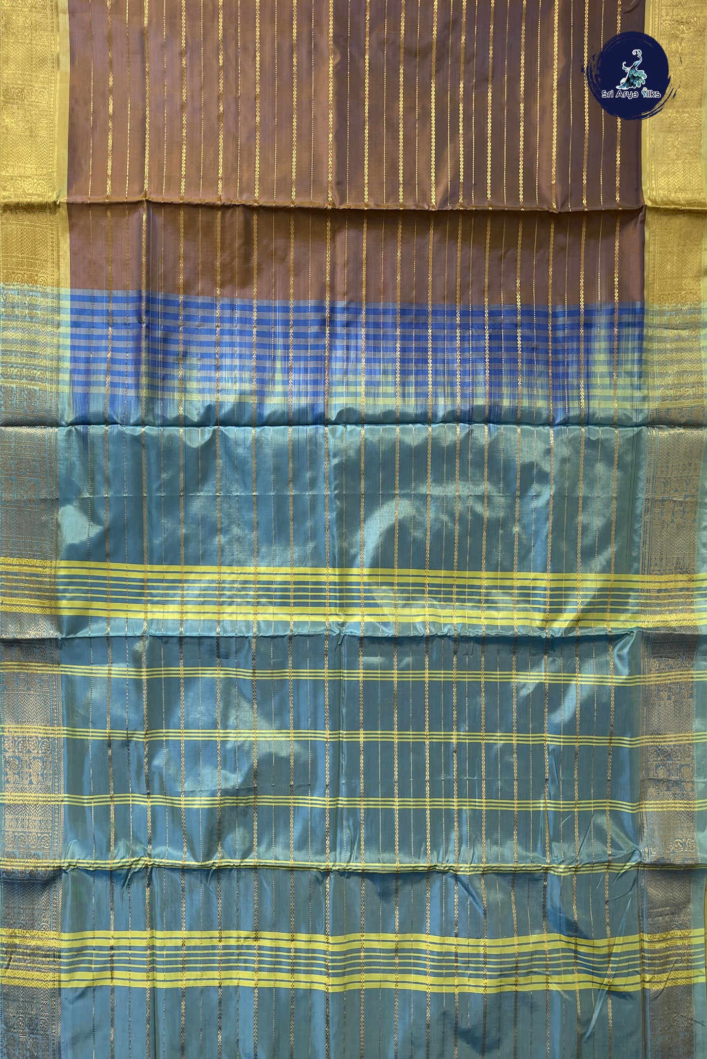 Golden Mustard Vaazhainaar Pattu Madisar Silk Saree With Veldhari Stripes Pattern