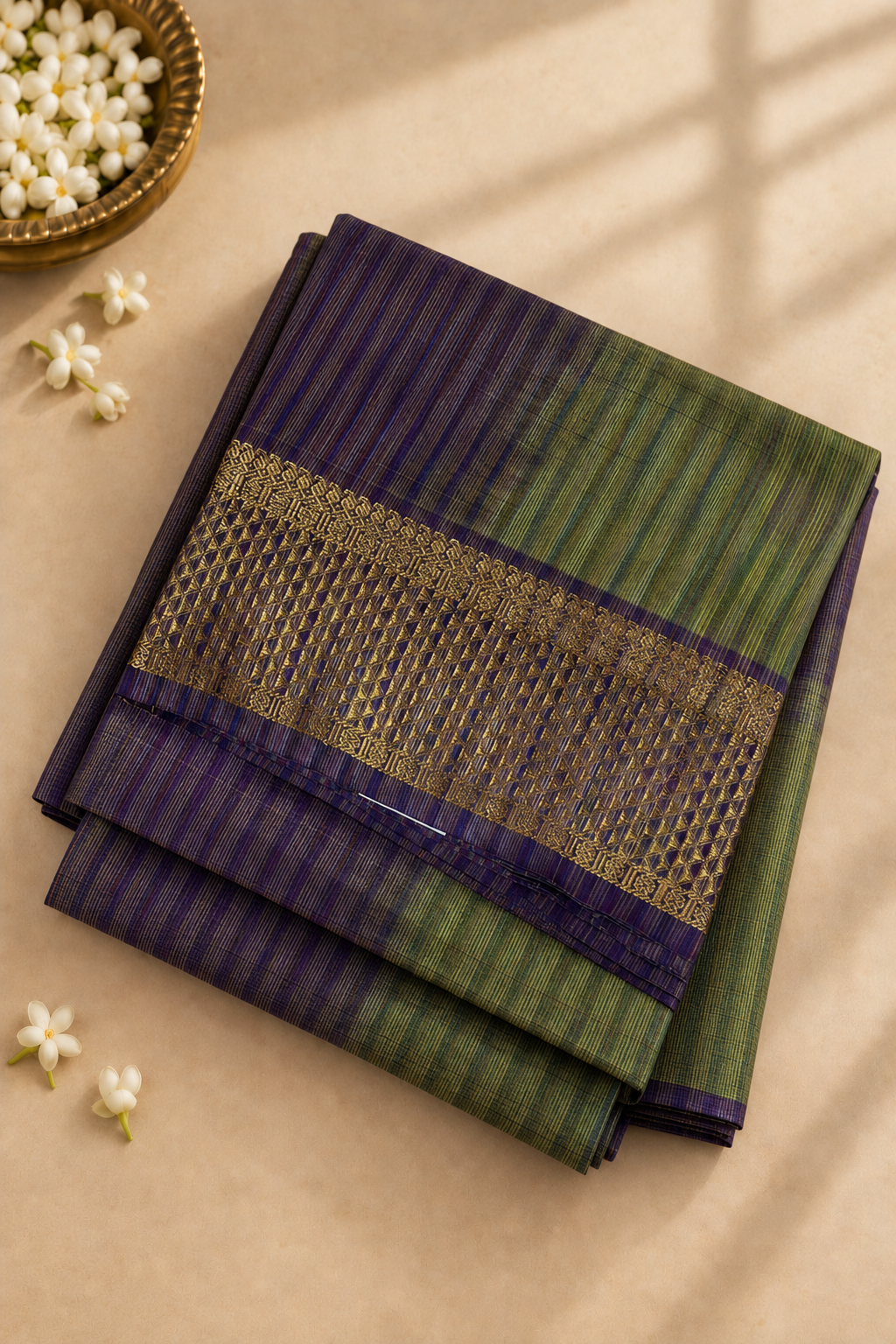 Green Vaazhainaar Pattu Madisar Silk Saree With Stripes Pattern
