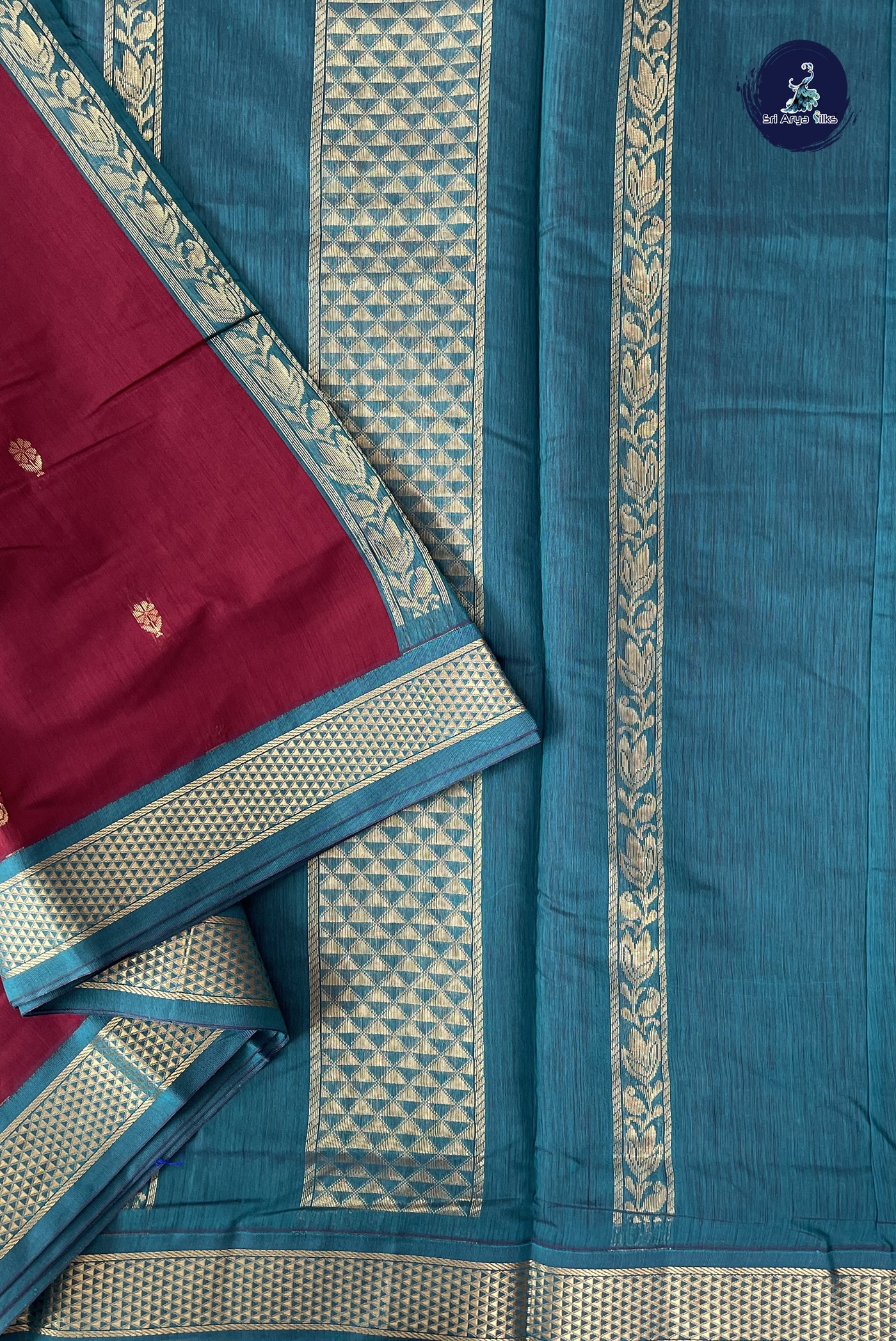 Maroon Madisar Semi Silk Cotton Saree With Zari Buttas Pattern