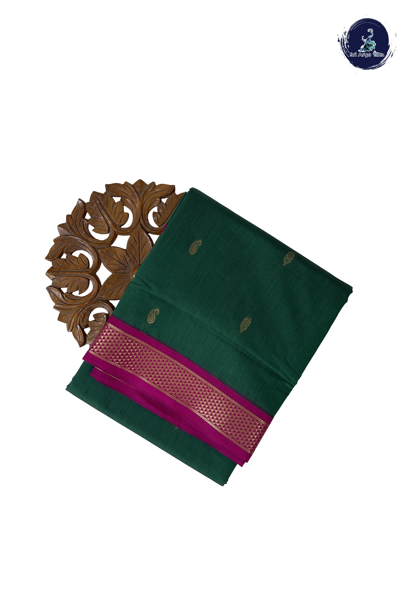 Dark Green Madisar Semi Silk Cotton Saree With Zari Buttas Pattern