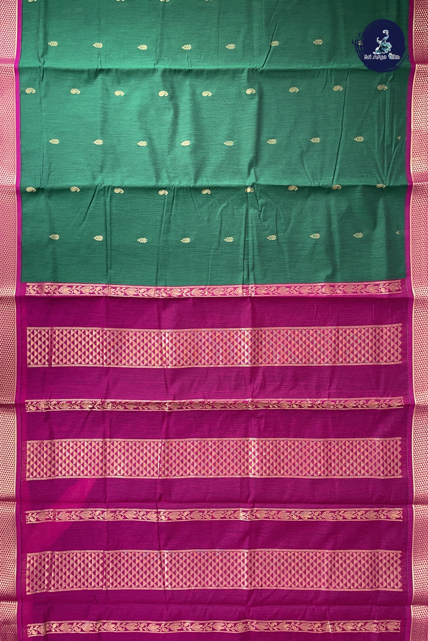 Dark Green Madisar Semi Silk Cotton Saree With Zari Buttas Pattern