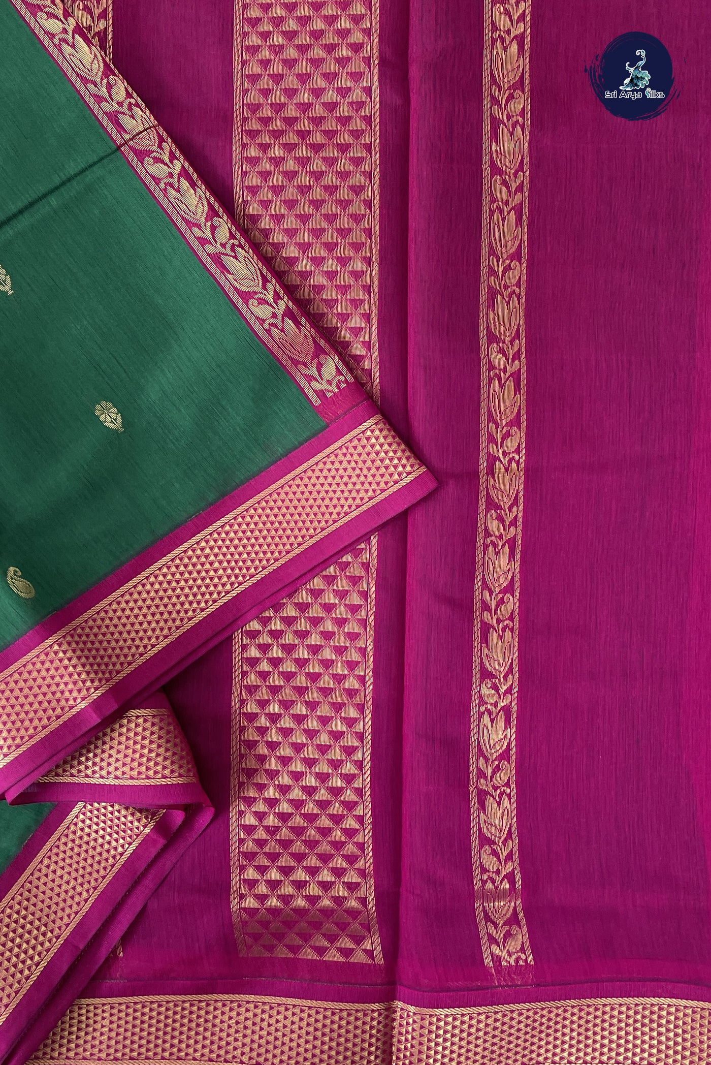 Dark Green Madisar Semi Silk Cotton Saree With Zari Buttas Pattern