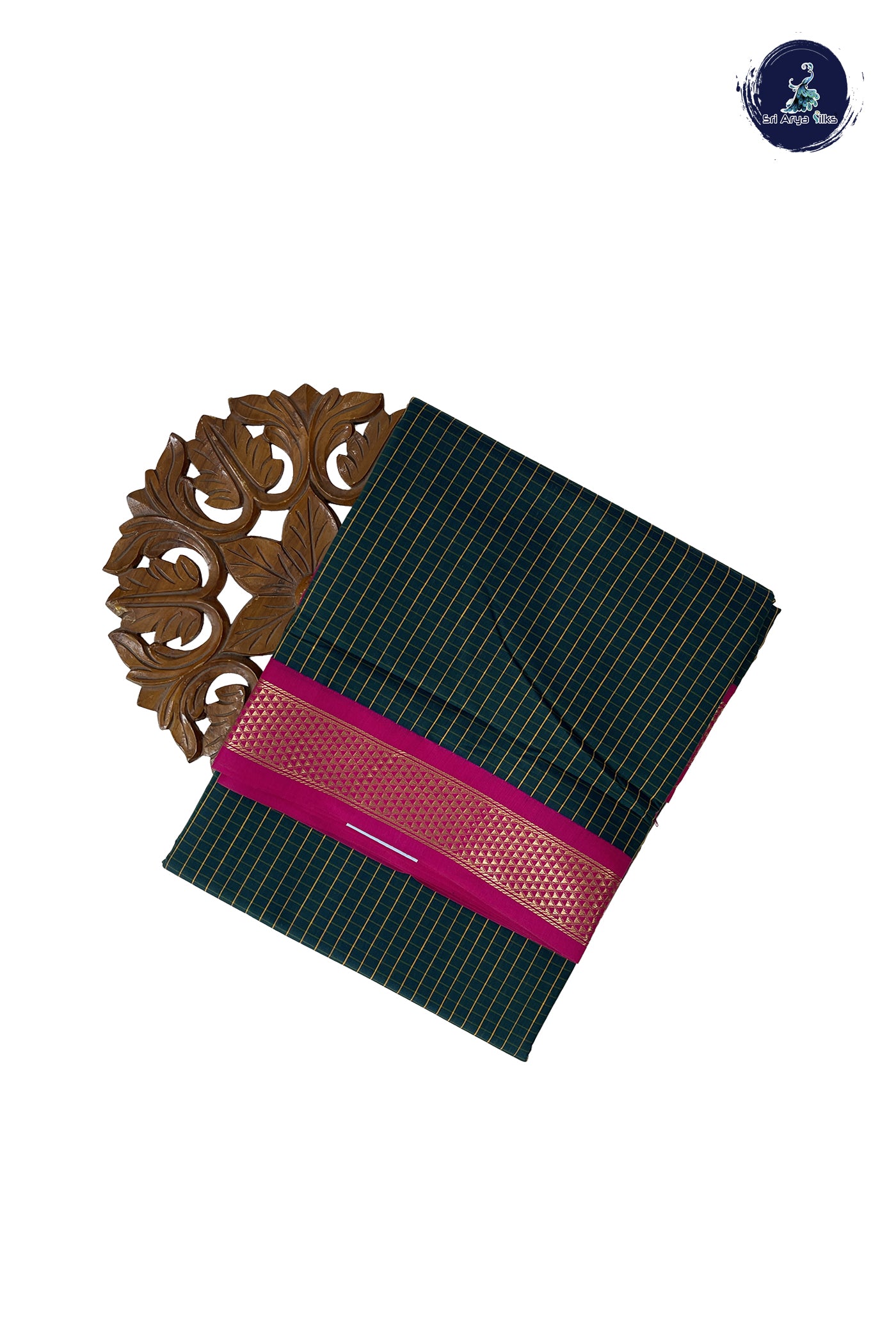 Dark Green Madisar Semi Silk Cotton Saree With Checked Pattern