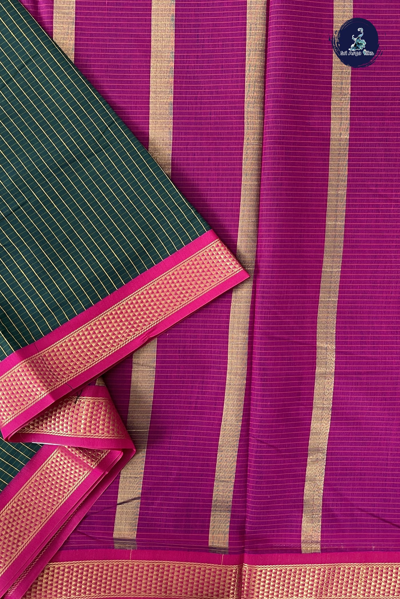 Dark Green Madisar Semi Silk Cotton Saree With Checked Pattern