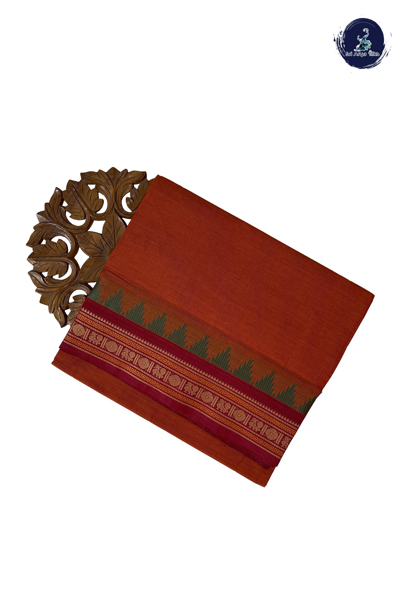 Rust 10 Yards Madisar Cotton Saree With Plain Pattern