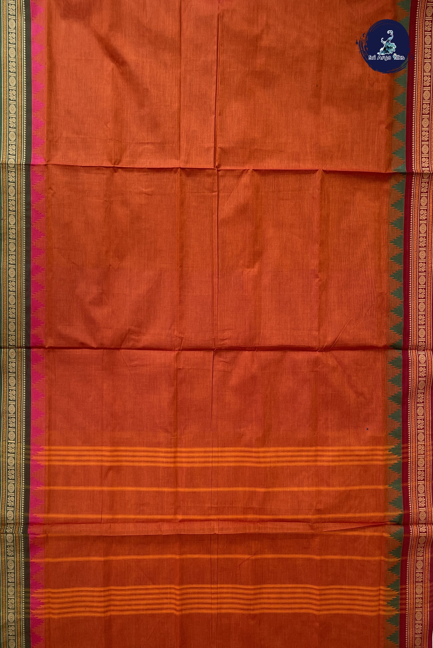 Rust 10 Yards Madisar Cotton Saree With Plain Pattern