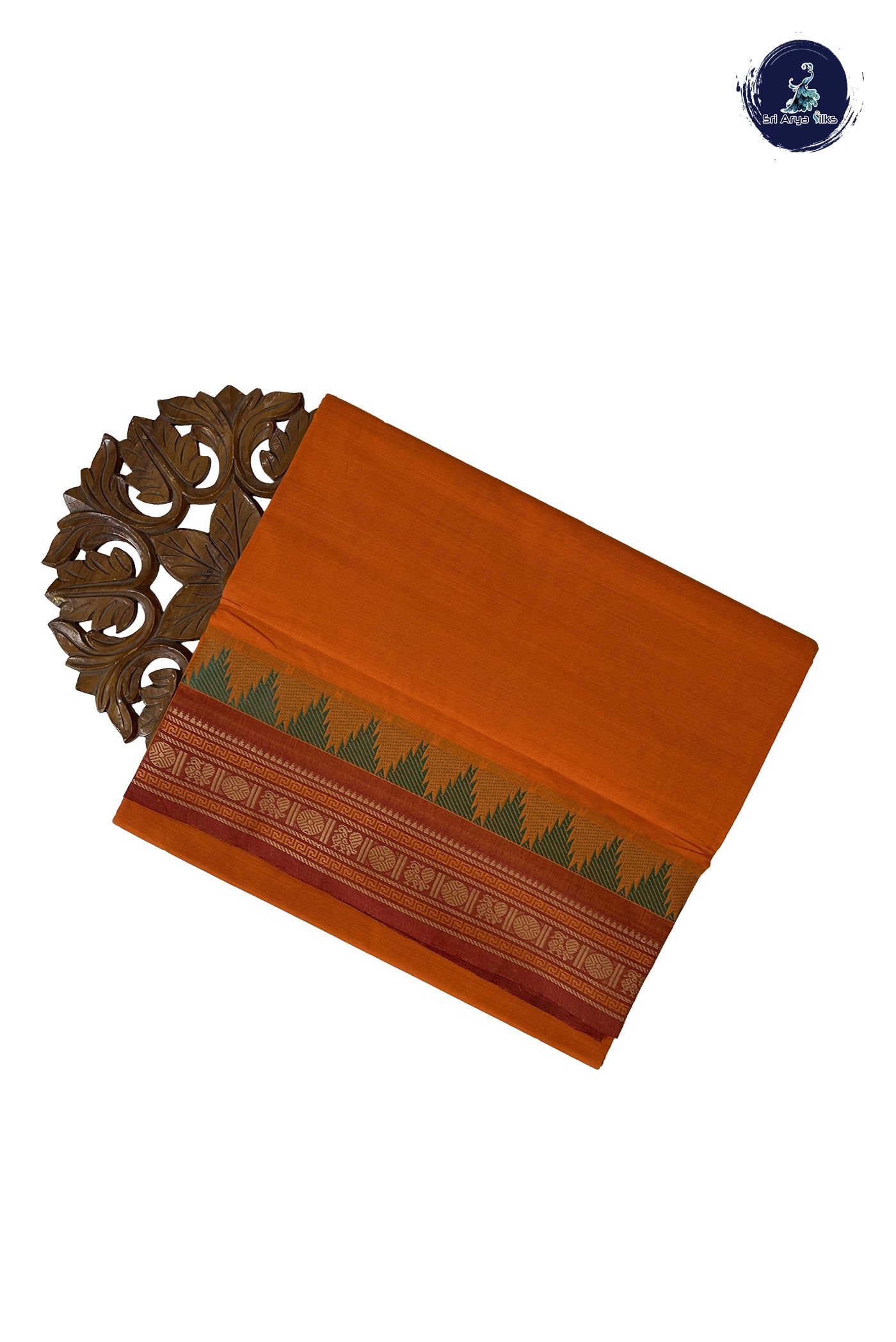 Yellowish Orange 10 Yards Madisar Cotton Saree With Plain Pattern